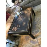 Black Lacquer Hand Decorated Chinoiserie Coffee Table With Inset Bevelled Glass Top And Gilt Line