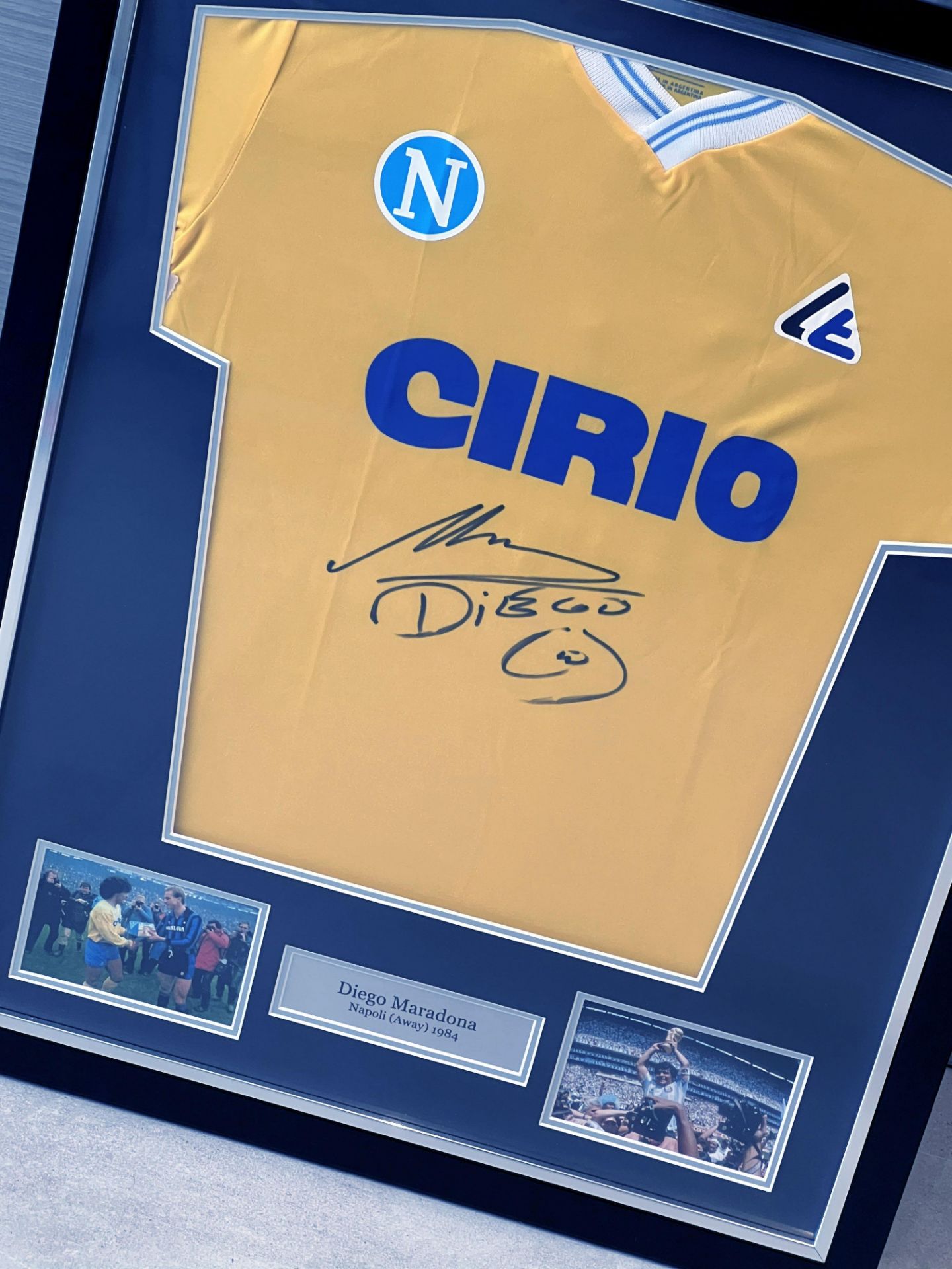 Hand signed Napoli 1984 yellow football shirt by Diego Maradona presented within a stunning black - Image 9 of 21