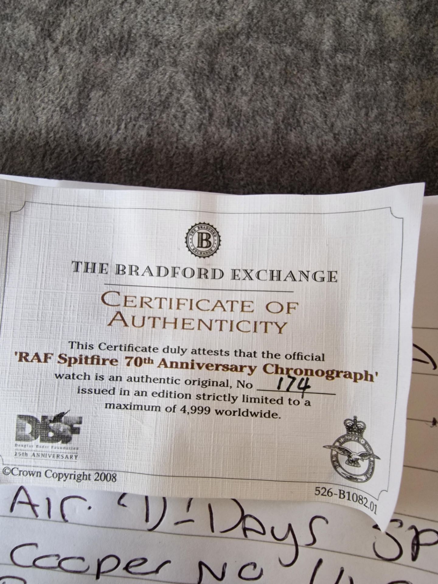 The Bradford Exchange RAF spitfire 70th anniversary Chronograph Watch number 174 with Certificate in - Image 3 of 11