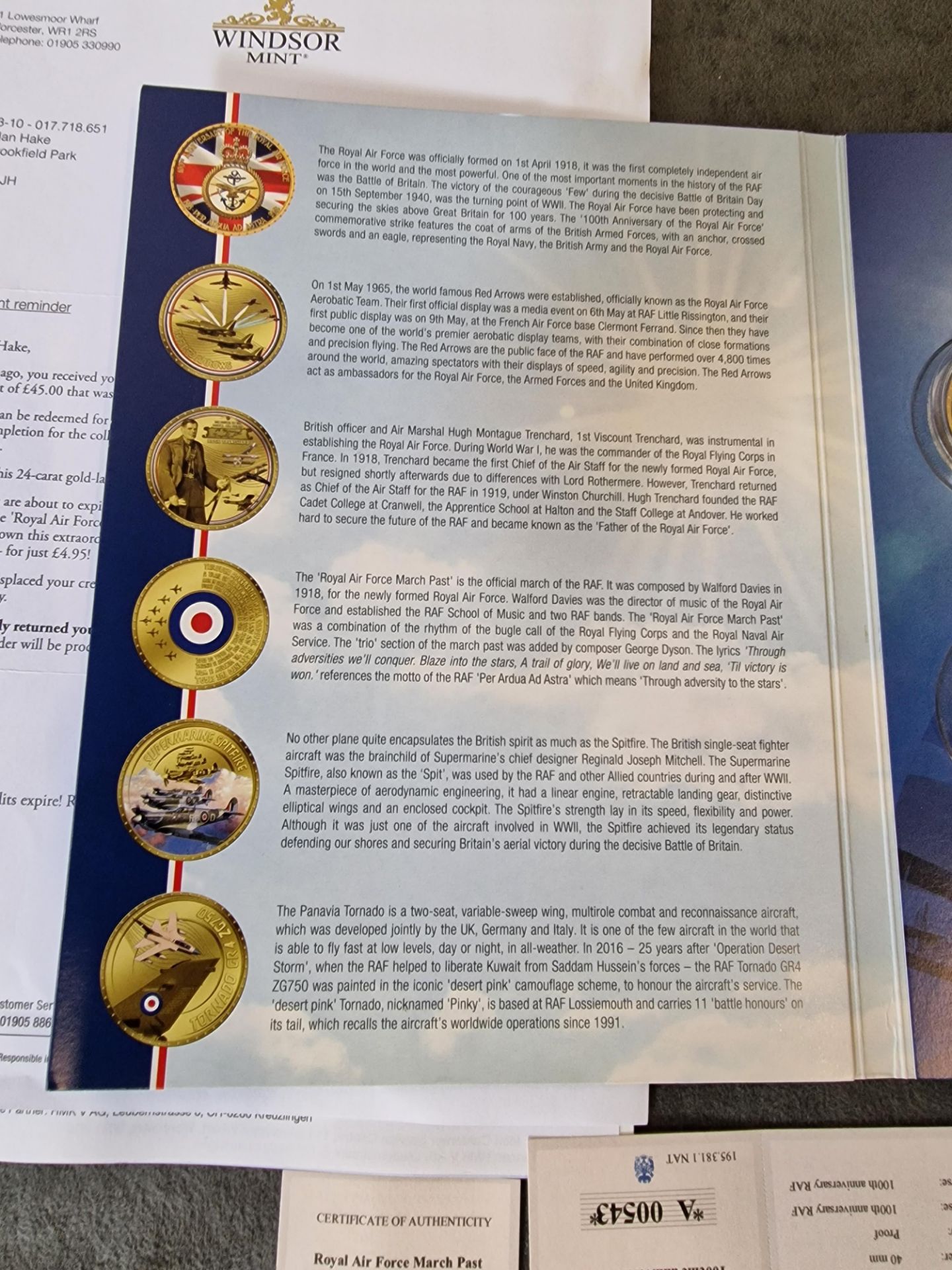 Windsor Mint 100th anniversary Royal Air Force coin collection comprising of 6 coins in presentation - Image 4 of 5