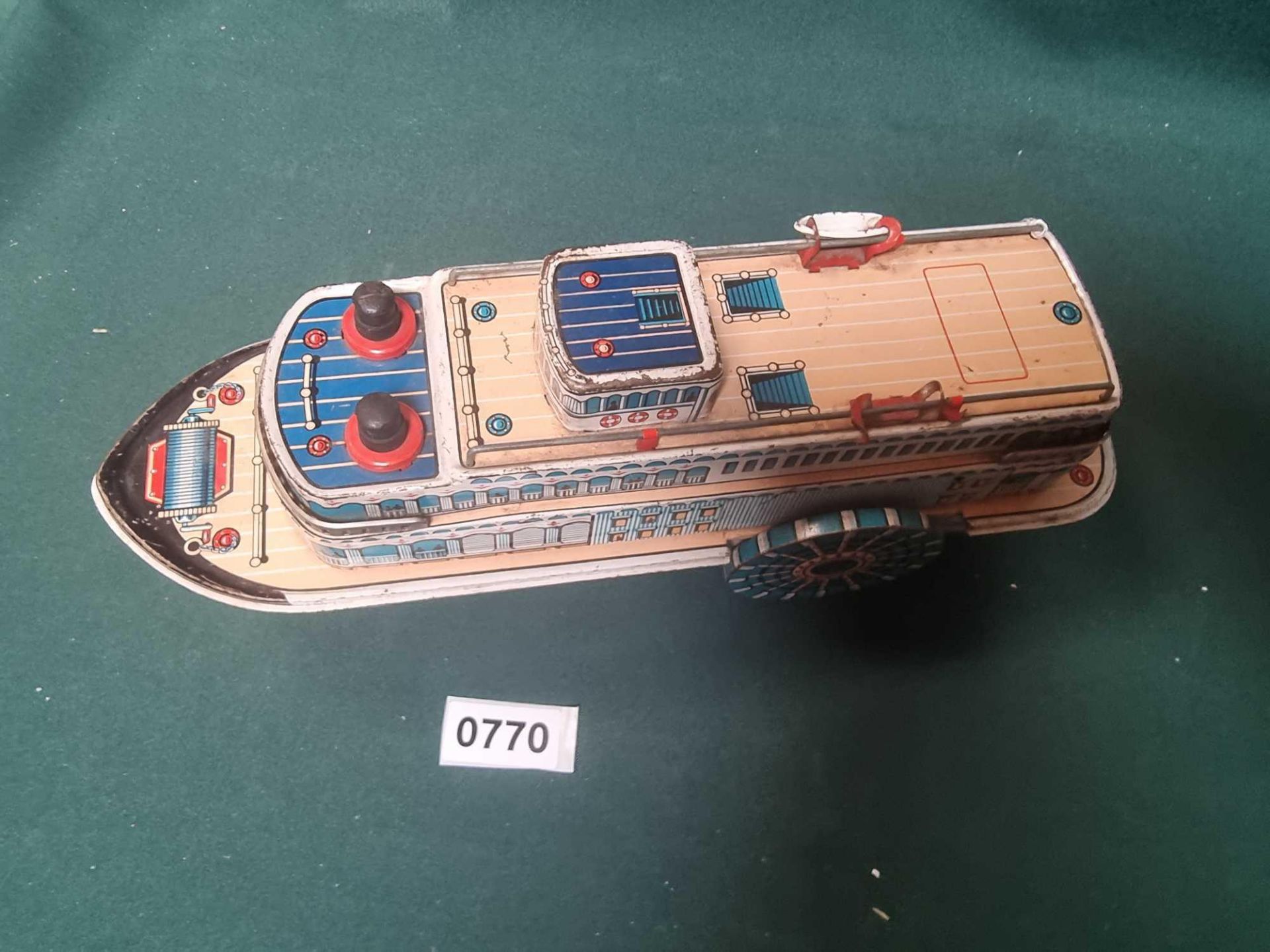 MT Modern Toys Japan Tin Plate Sidewheeler River Steamer Friction Toy Named Queen River (Circa - Image 2 of 5