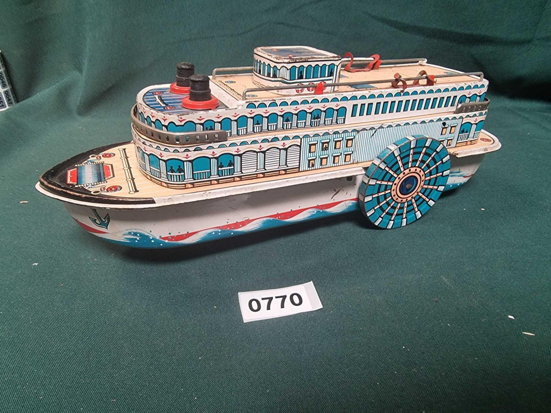 MT Modern Toys Japan Tin Plate Sidewheeler River Steamer Friction Toy Named Queen River (Circa
