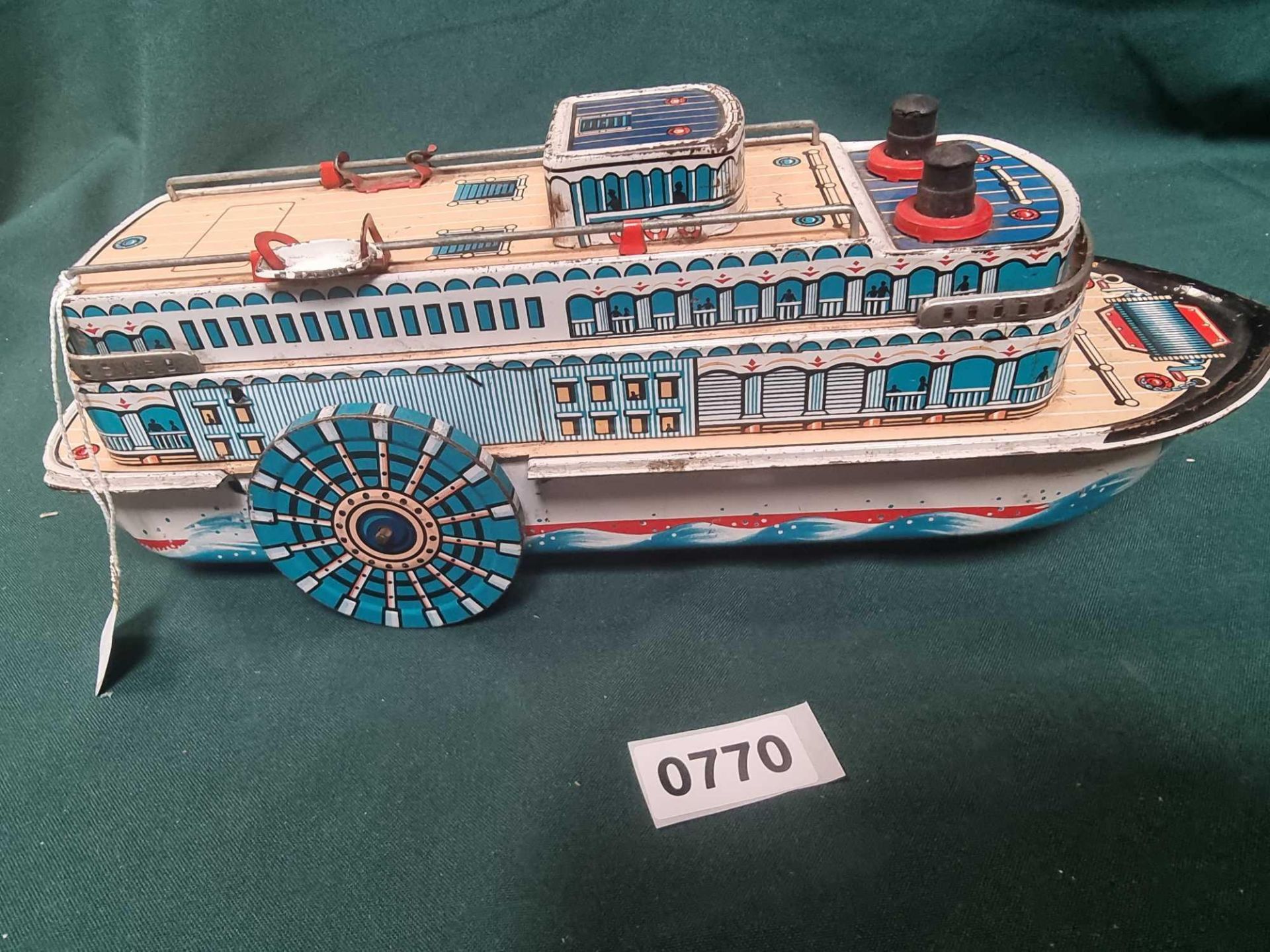 MT Modern Toys Japan Tin Plate Sidewheeler River Steamer Friction Toy Named Queen River (Circa - Image 4 of 5