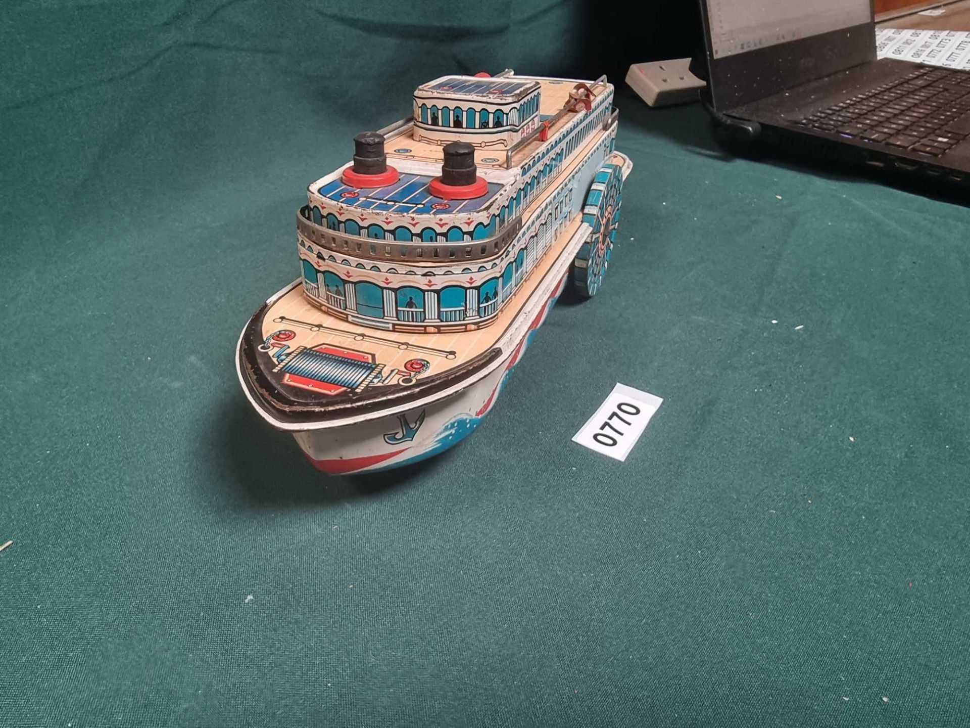 MT Modern Toys Japan Tin Plate Sidewheeler River Steamer Friction Toy Named Queen River (Circa - Image 3 of 5