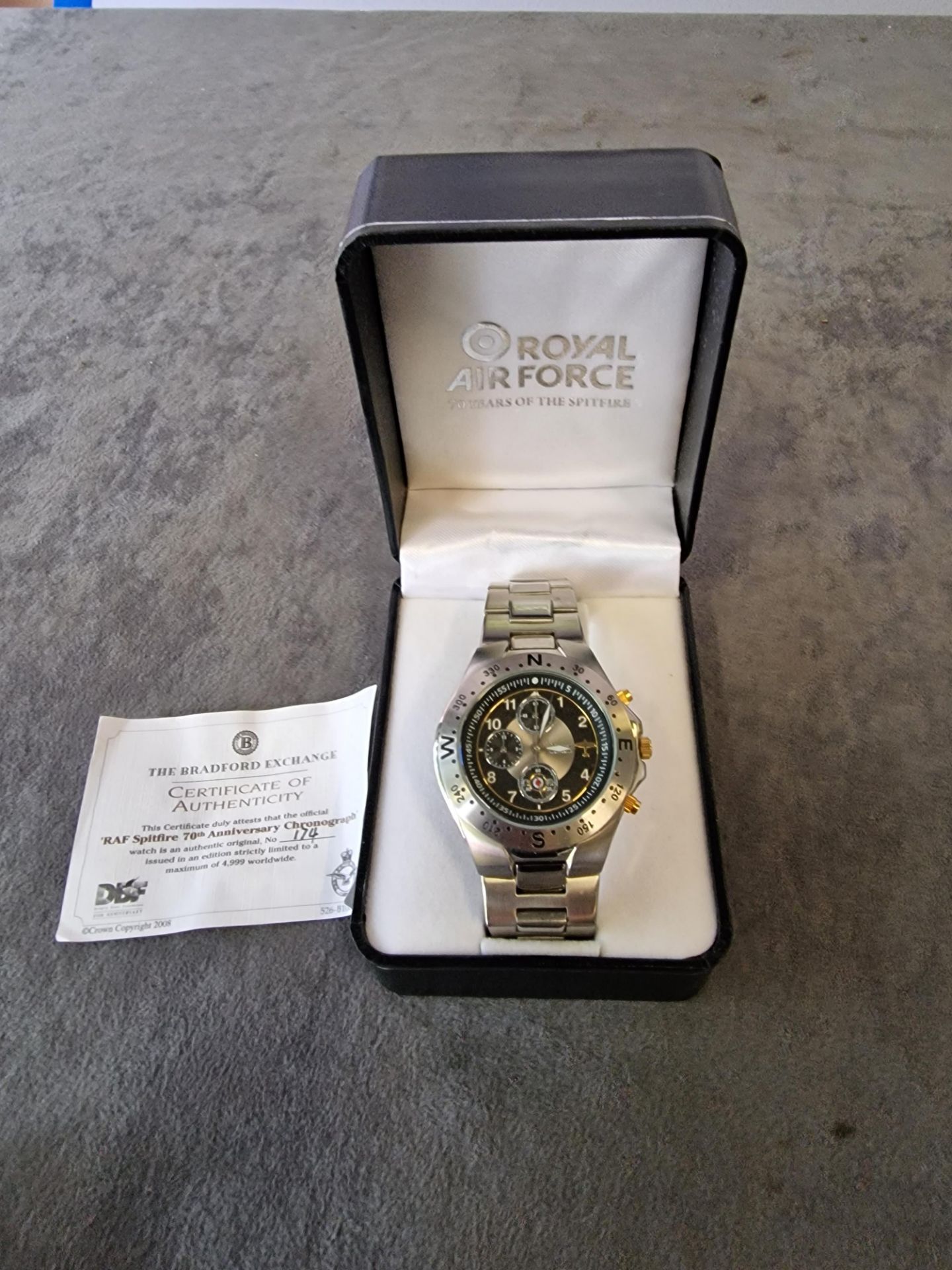 The Bradford Exchange RAF spitfire 70th anniversary Chronograph Watch number 174 with Certificate in - Image 11 of 11