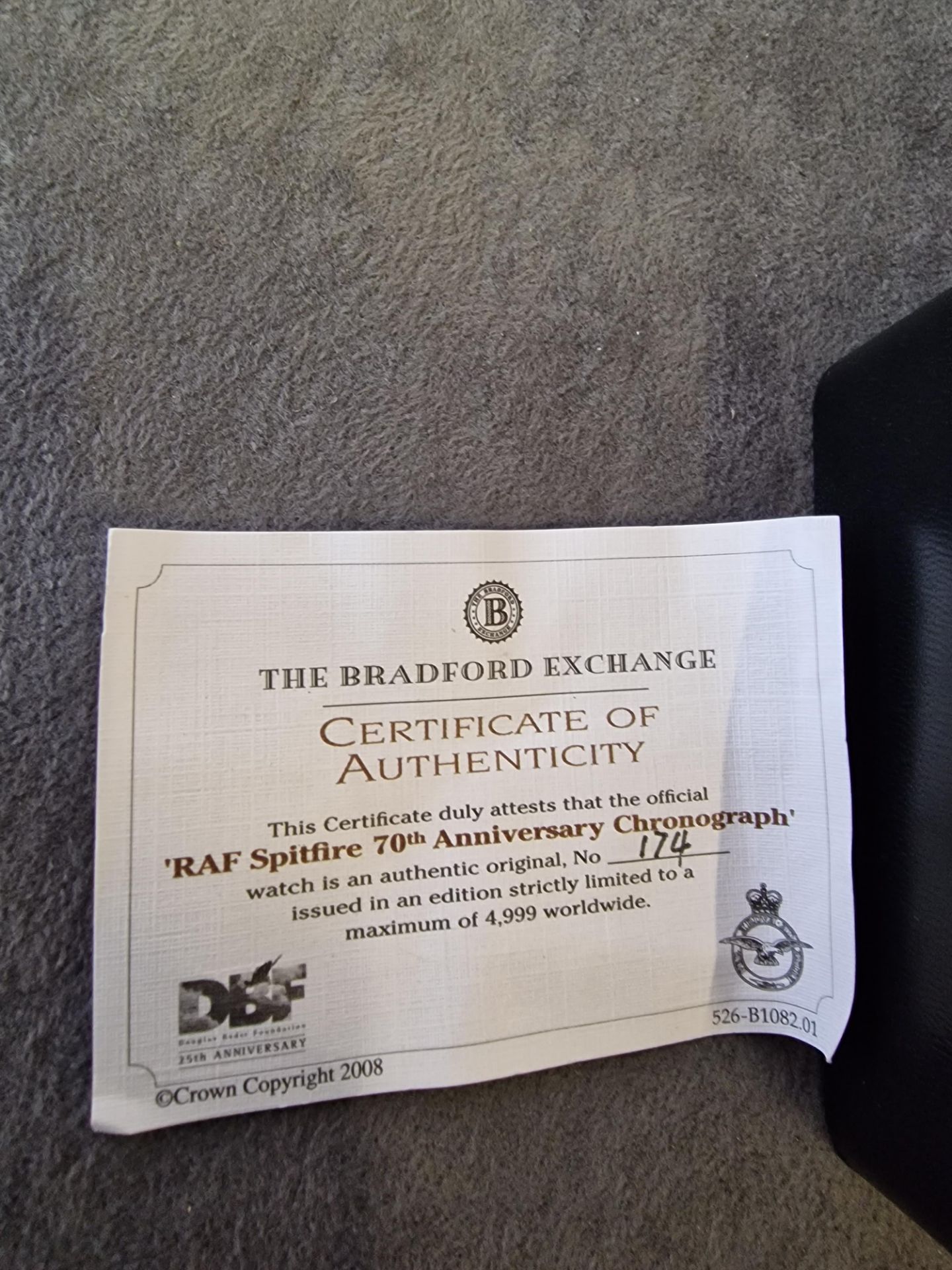 The Bradford Exchange RAF spitfire 70th anniversary Chronograph Watch number 174 with Certificate in - Image 10 of 11