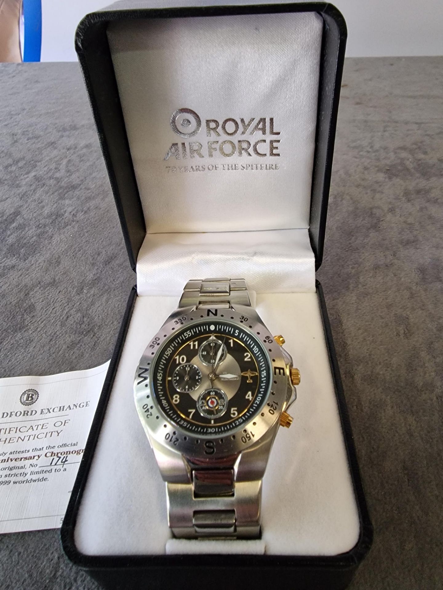 The Bradford Exchange RAF spitfire 70th anniversary Chronograph Watch number 174 with Certificate in