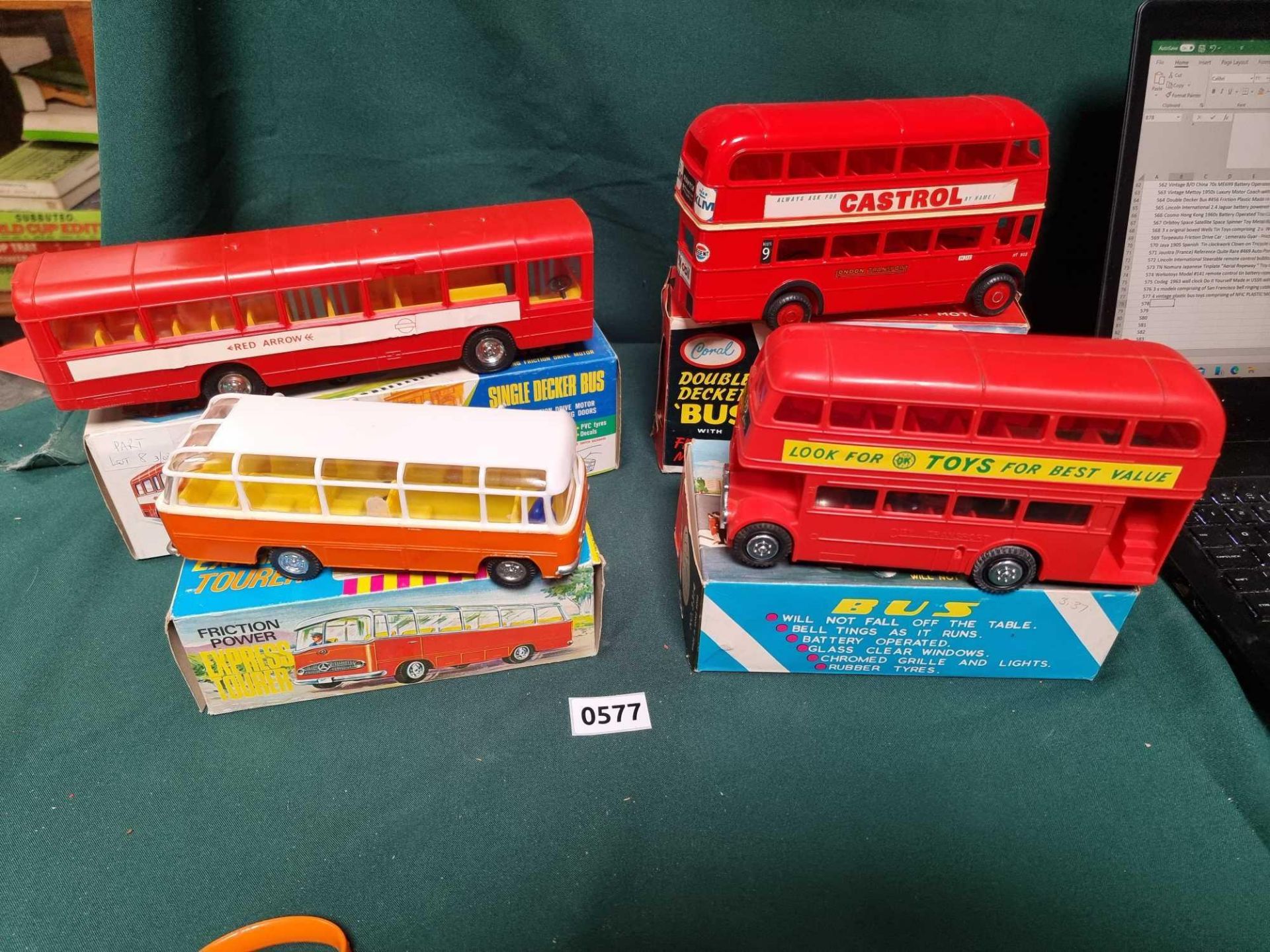 4 Vintage Plastic Bus Toys Comprising Of NFIC Plastic Model No.3107 "Red Arrow" Single Decker, Coral