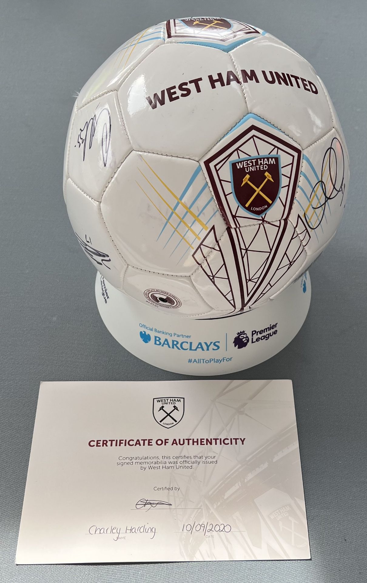 Authentic West Ham United 2020-2021 squad hand signed official football with certification of