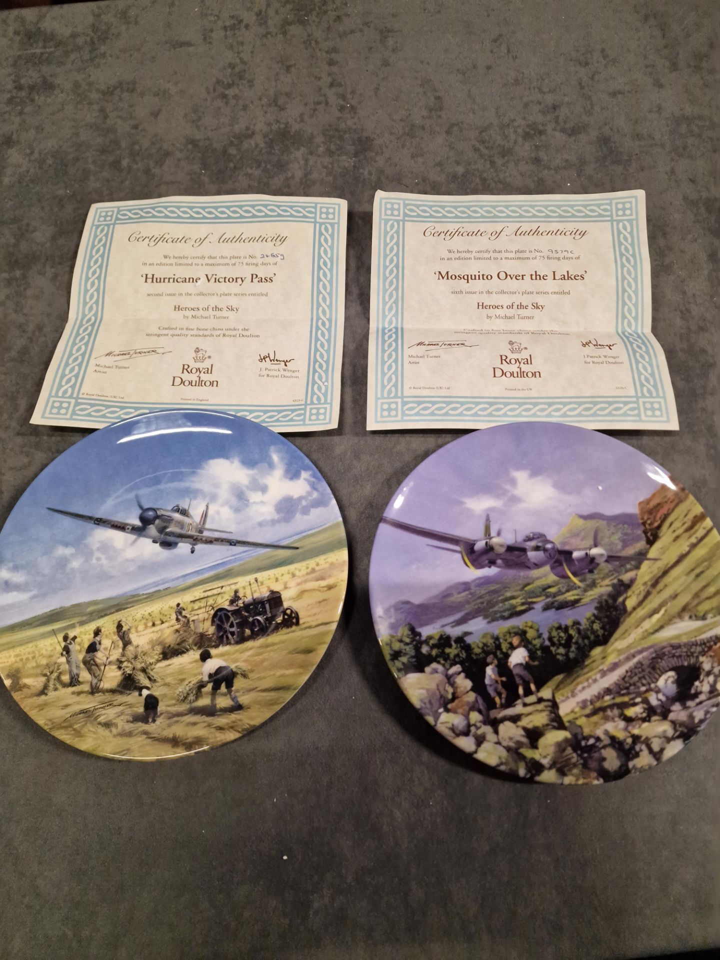 2x Royal Douton Limited Edition 'Heroes Of The Sky' 8" Plates Comprising Of Mosquito Over The