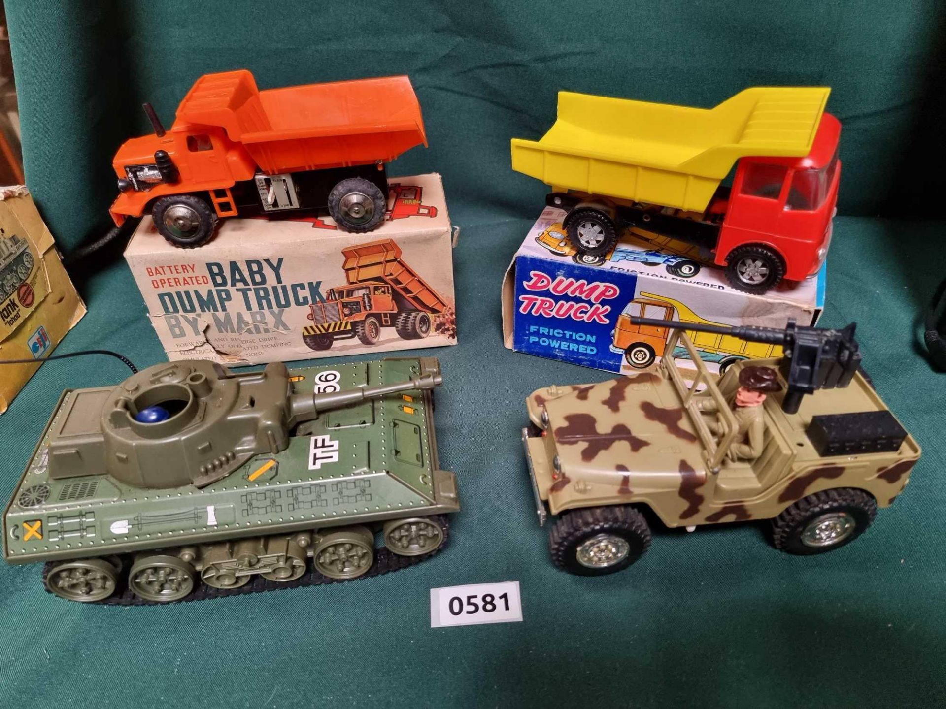 4 X Vintage Toys Comprising Of Marx Battery Operate Baby Dump Truck Orange Ã‚â‚¬Å’ Tyre And Wheel
