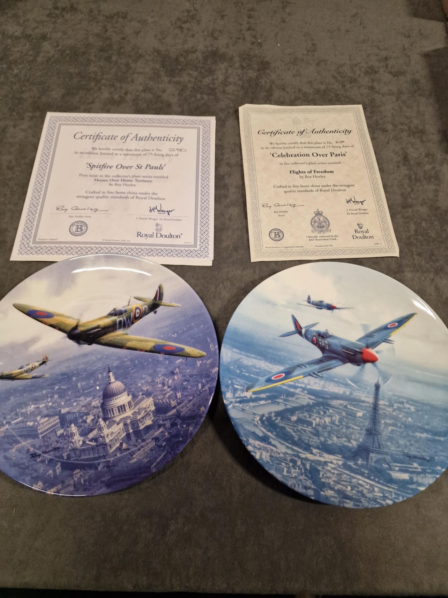 2x Roy Huxley Limited Edition Fine Porcelain Commemorative Wall Plates For Royal Daulton (1) Over