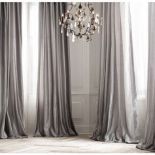 A Pair Of Silk Drapes Fully Lined With Pleated Top Silver Gold With Bead Trim And Tassle Tie Backs