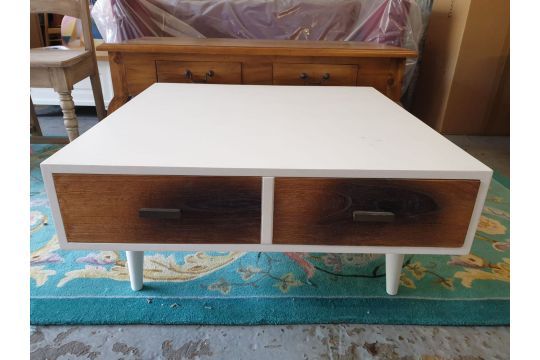 Vanilla Retro Square Coffee Table Walnut Veneer Front Panel And Gloss White 2 Drawers The Clean