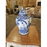 Maitland Smith Hand Made Porcelain Chinoiserie Blue And White Temple Jar With Lid Decorated With