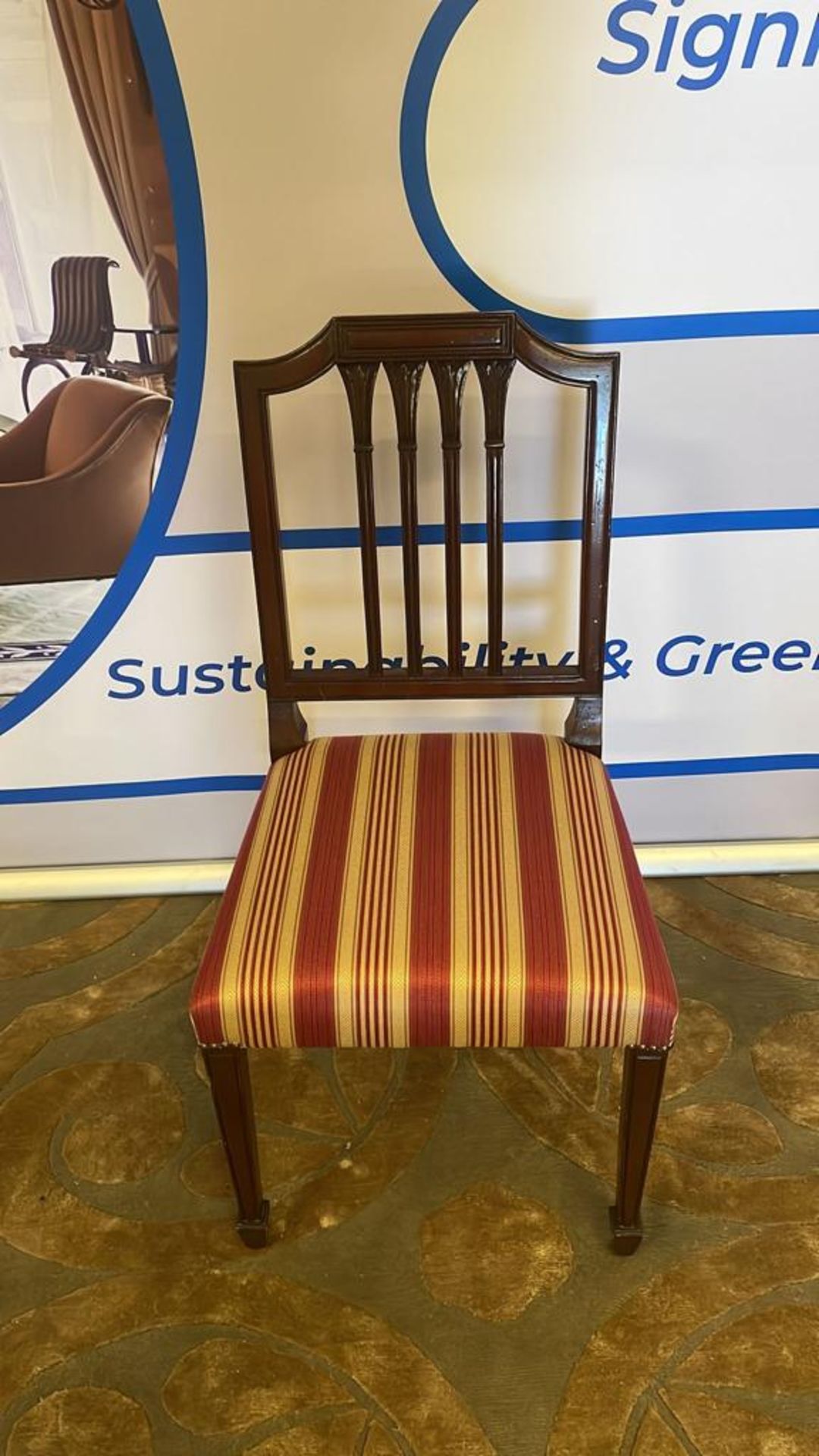 A pair of Georgian Style Side Chair Open Ribbon Carved Splat With striped Upholstered Seat Pad 42