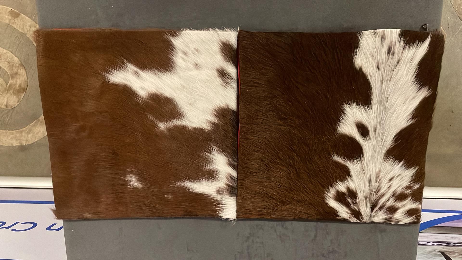 A Pair Cushion Cowhide Leather Cushion Cover 100% Natural Hide Handmade Cover With A Red Velour Back