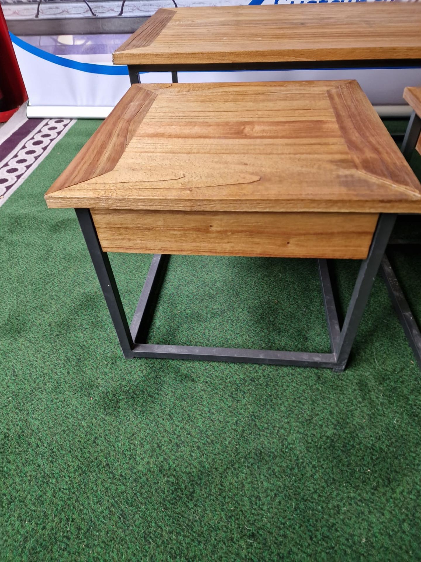 A nest of 3 Wooden tables on black metal frame comprising of 1 x coffee table 118cm x 60cm x 43 cm & - Image 3 of 3