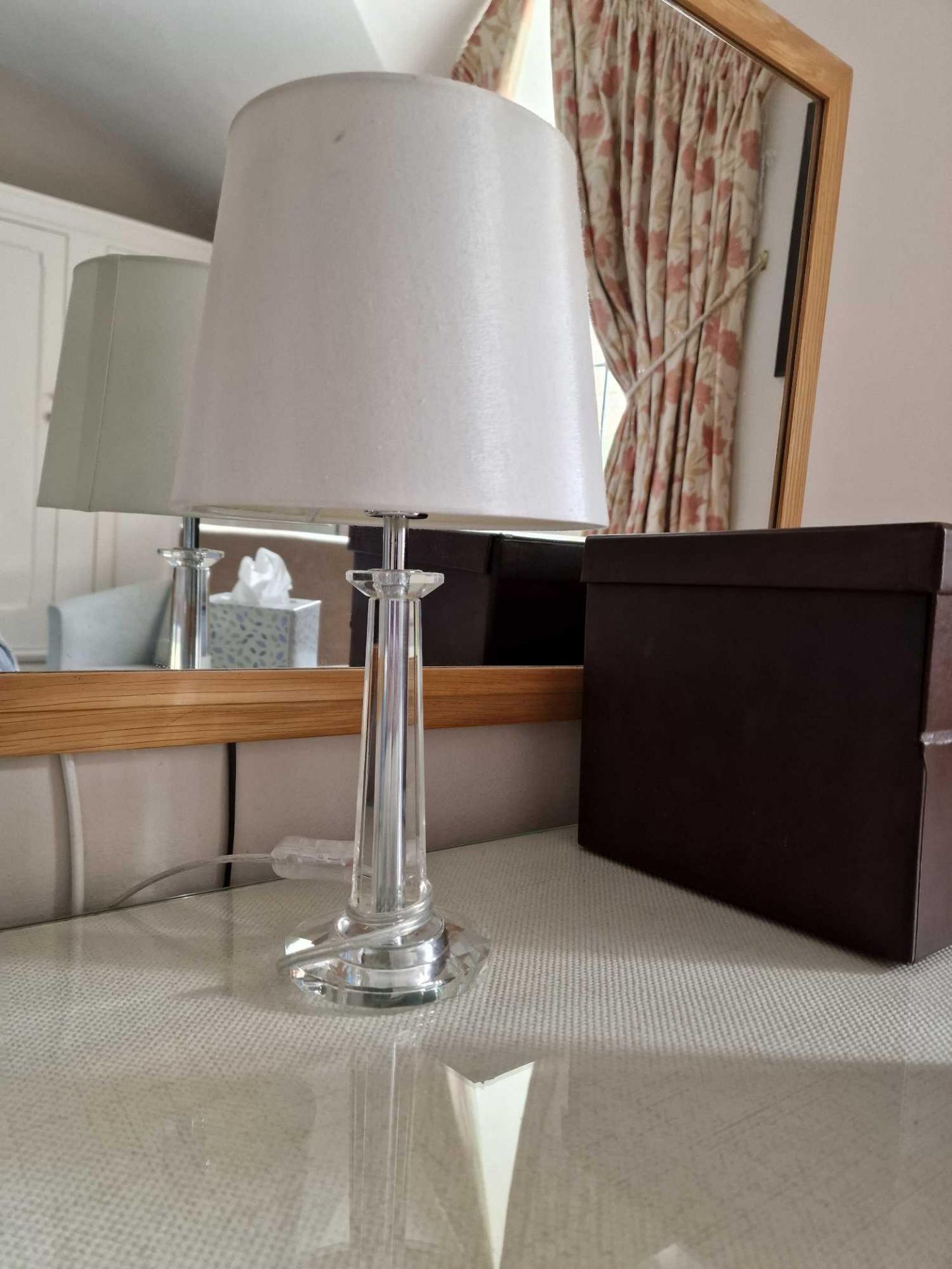 A Glass Column Desk Lamp With Sateen Shade 38cm