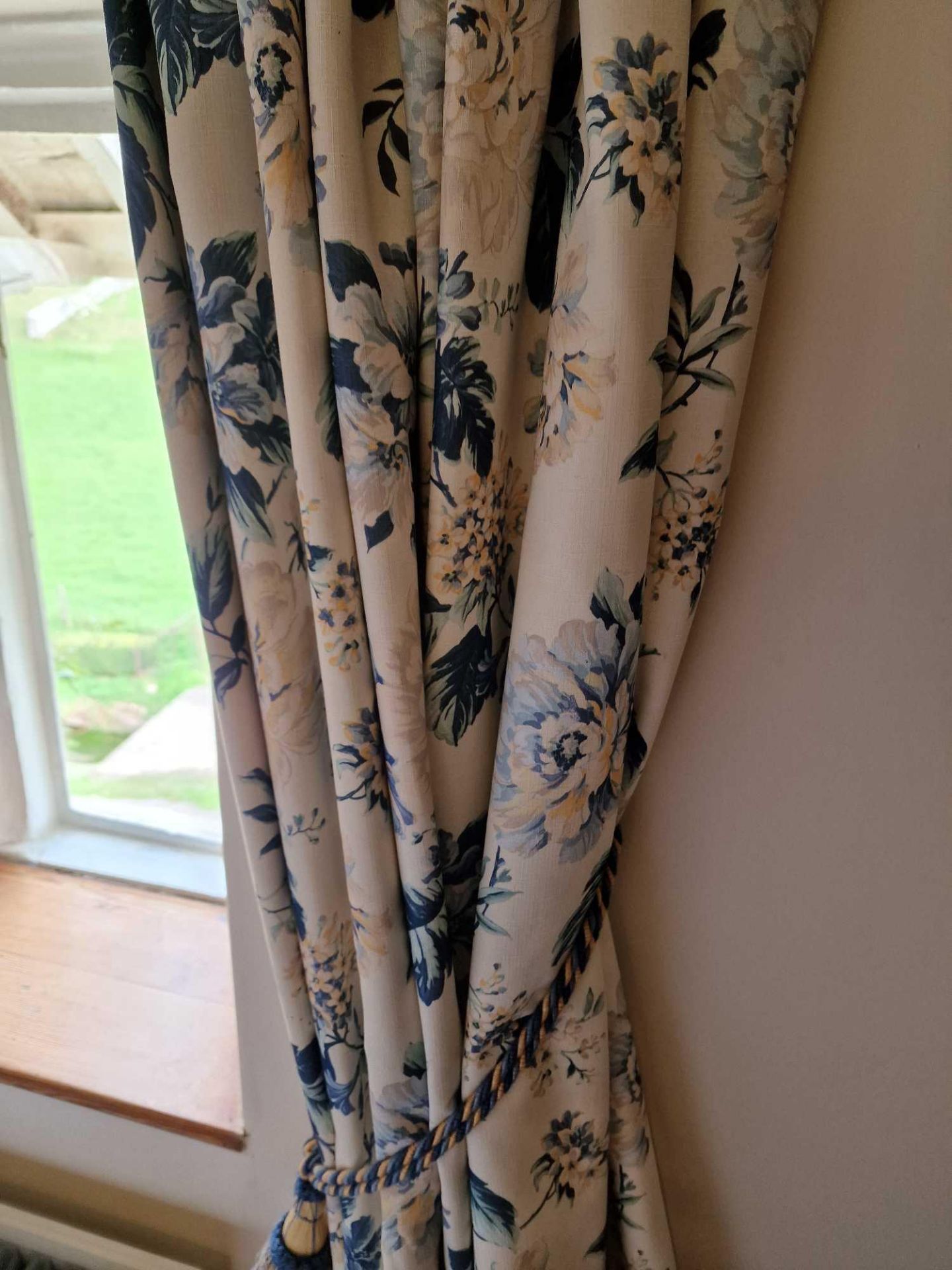 A Pair Of Fully Lined Fire Retardant Embossed Drapes Mitre Ophelia Juliette Blue Fabric Cream With - Image 2 of 2