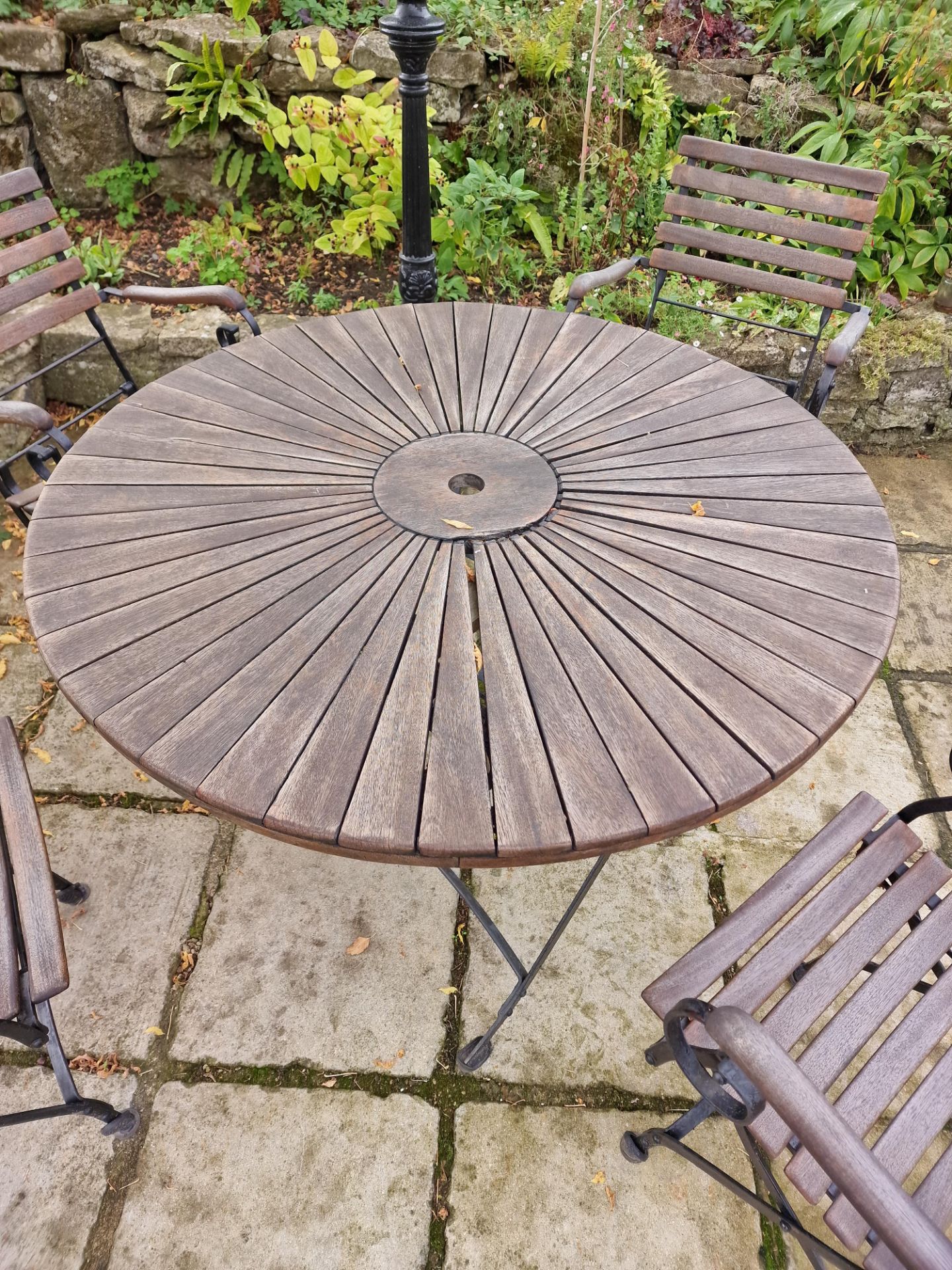 Danish Sunburst Teak Garden Table On Metal Legs Complete With 4 x Armchairs On A Foldable Cast - Image 2 of 2