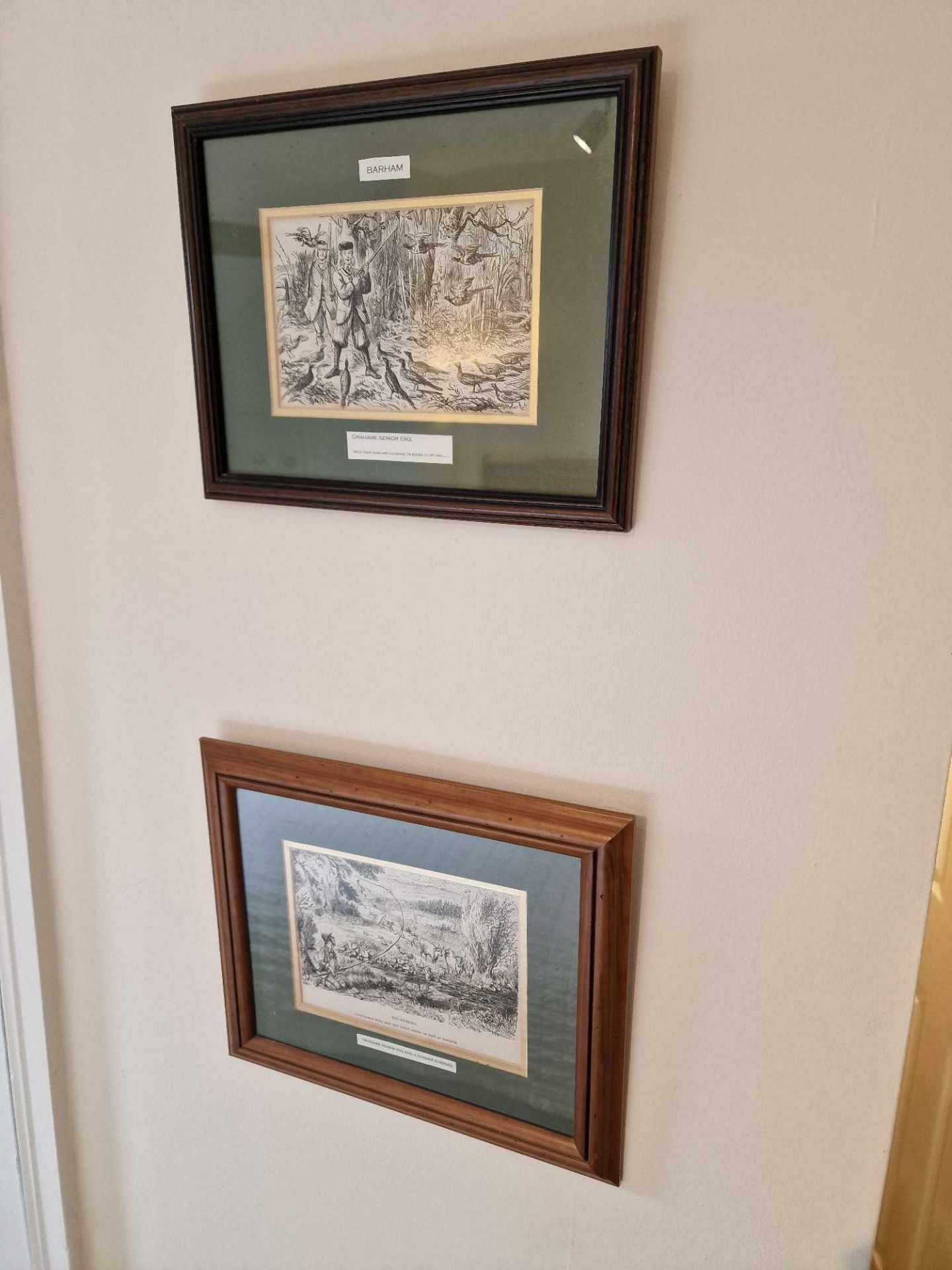 A Pair Of Framed Black And White Print Of Antique Etchings Of A Pheasant Shoot And A Fishing Etching