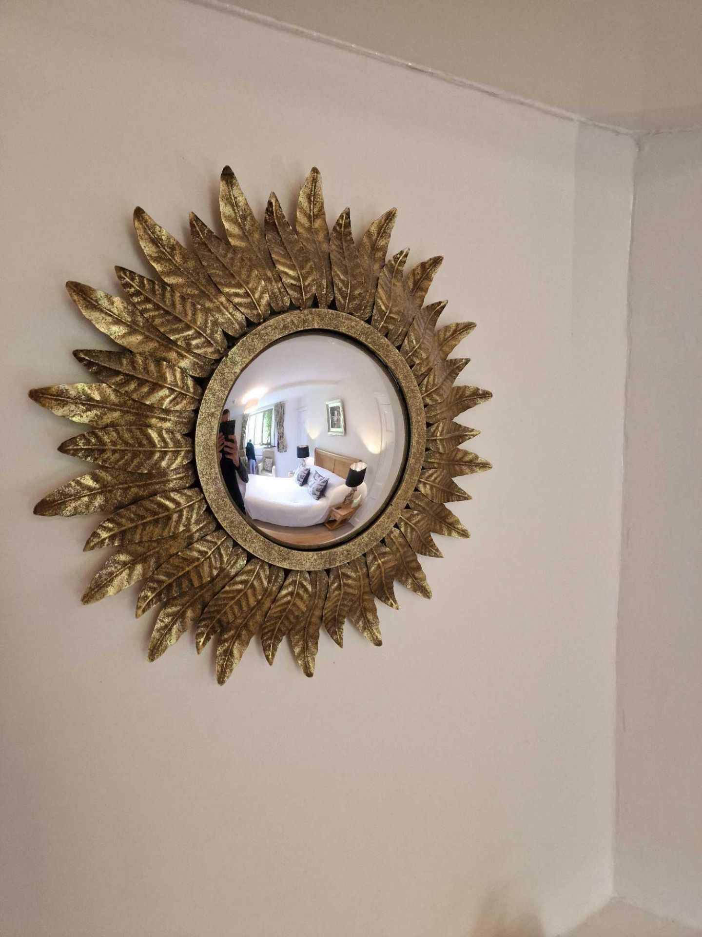 Convex Mirror With Leaf Detail Gold Frame 42 Cm Inspired By Classical Art And Architecture, The