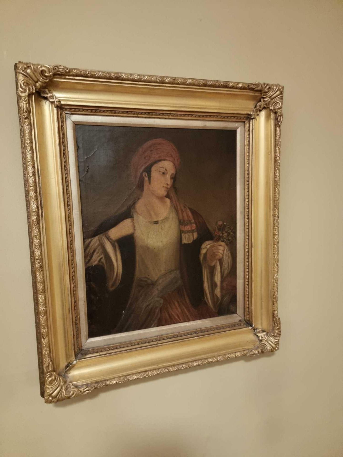 Oil On Canvas, Continental School Portrait Of A Woman Holding A Flower Posy In A Gold Wood Frame - Bild 2 aus 3