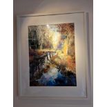 Forest Stream By Maureen Davis Mixed Media Signed Framed Art In White Wood Profile Frame 64 x 79cm