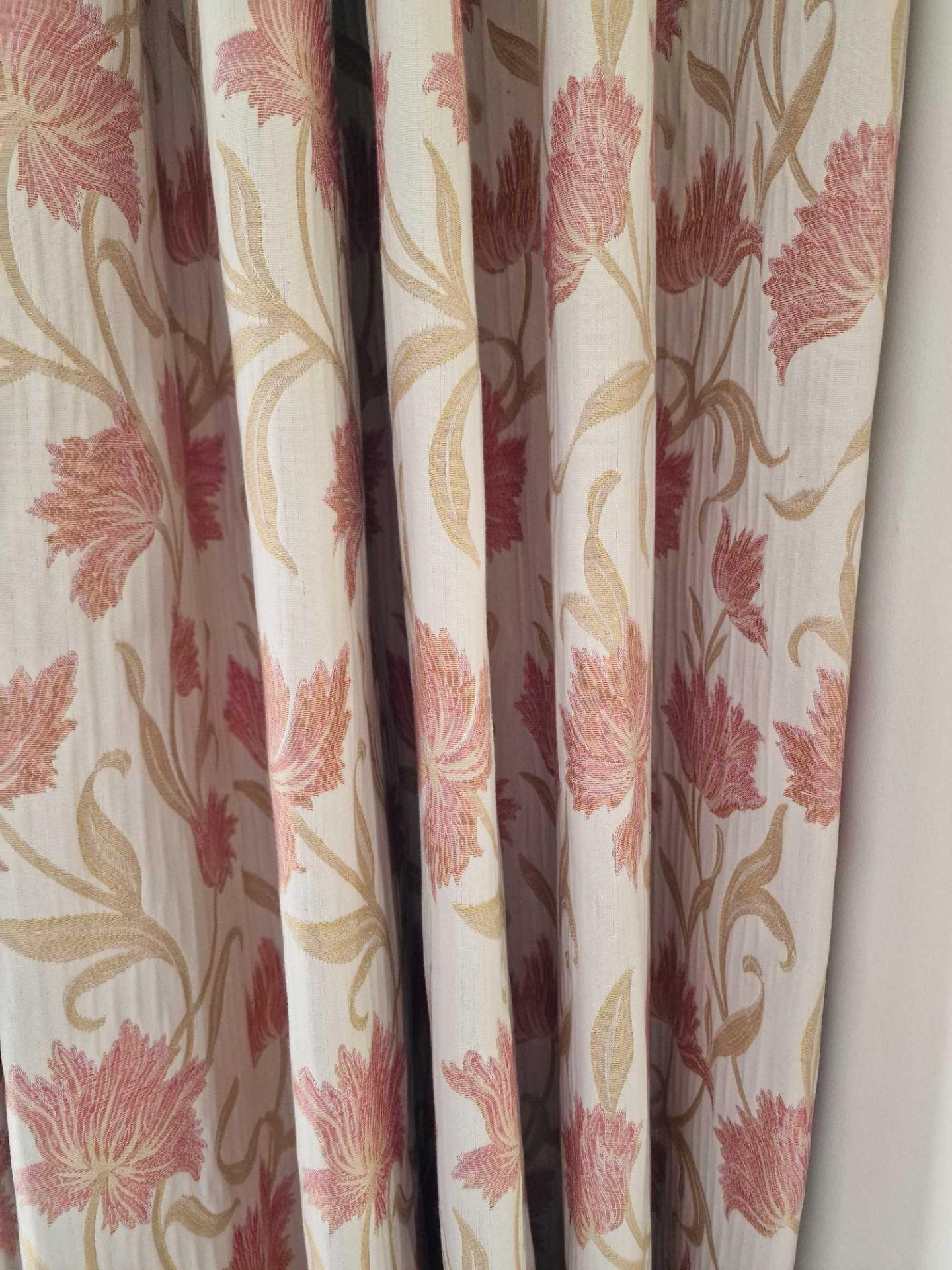 A Pair Of Drapes Heavy Jacquard Sophia Sunshine Fabric Neutral With Autumnal Leaves Pattern - Image 2 of 2