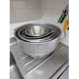 Various Colanders And Stainless Mixing Bowls As Found