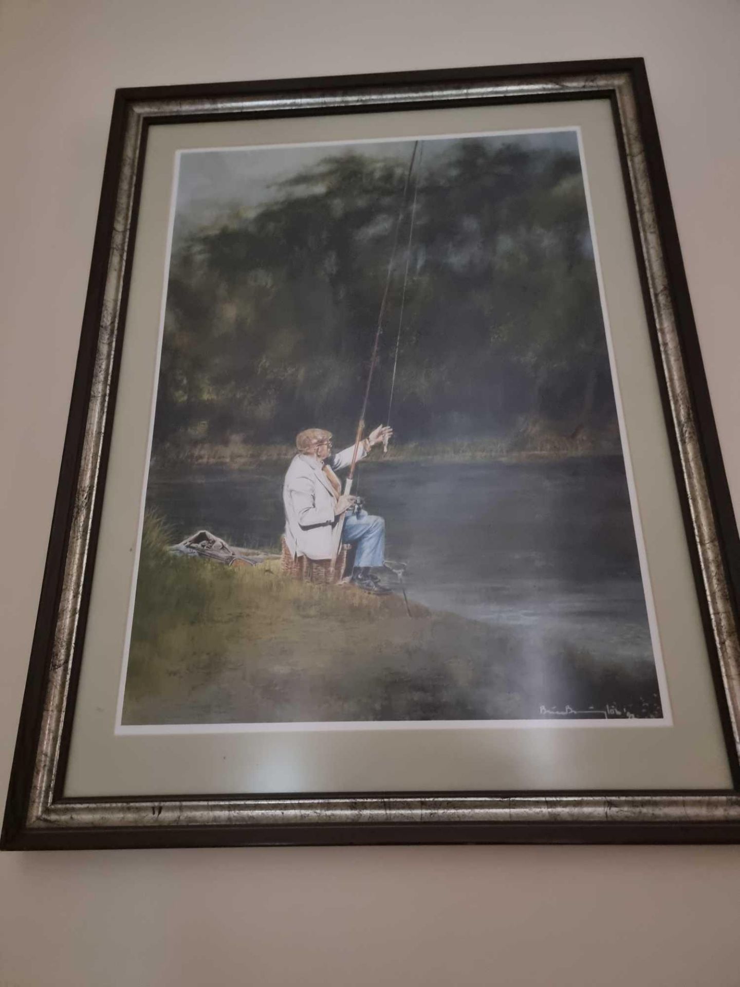 A Framed Print Of A Man Sitting By A River Fishing Signed Possibly By Brian Barrington Dated 92 In - Bild 3 aus 3