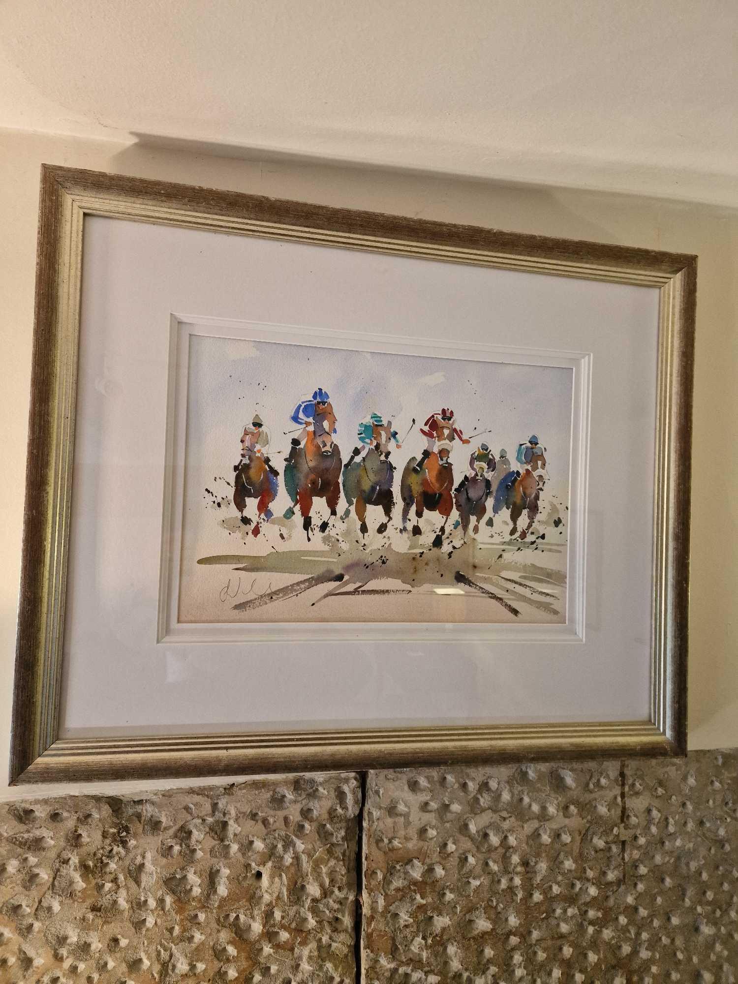 Watercolour Titled Born At The Finish By Jake Winkle In Distressed Gold Wood Frame 77 x 64cm Jake - Image 3 of 3