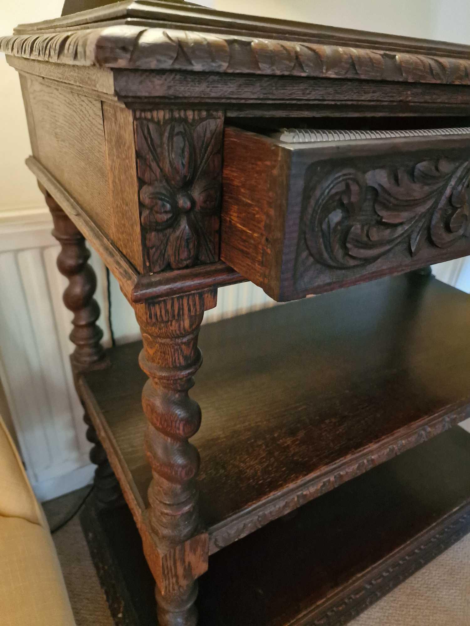 Victorian Carved Oak Green Man Tiered Buffet The Plank Top Above A Single Drawer Heavily Carved - Image 3 of 6