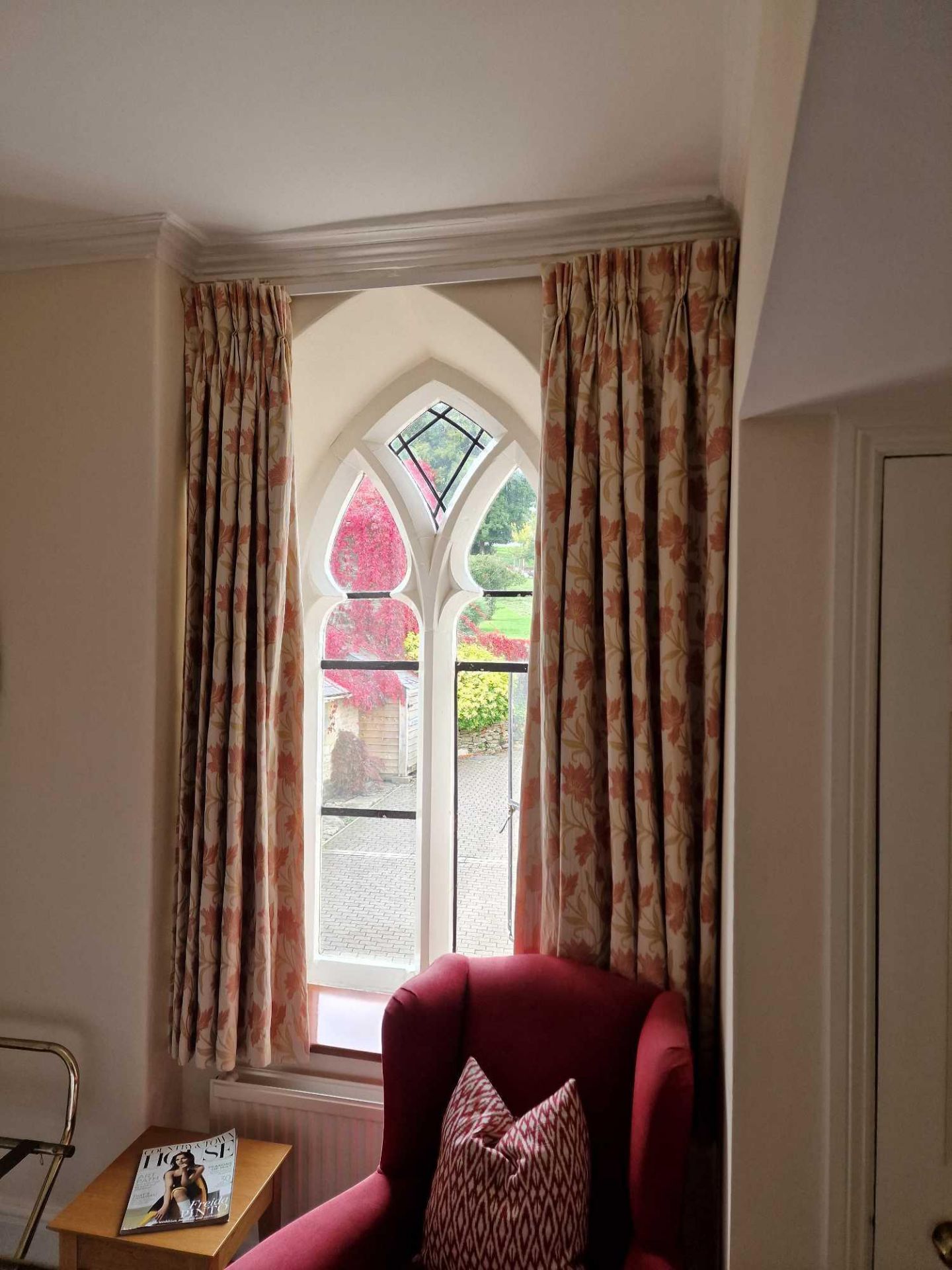 A Pair Of Drapes Heavy Jacquard Sophia Sunshine Fabric Neutral With Autumnal Leaves Pattern