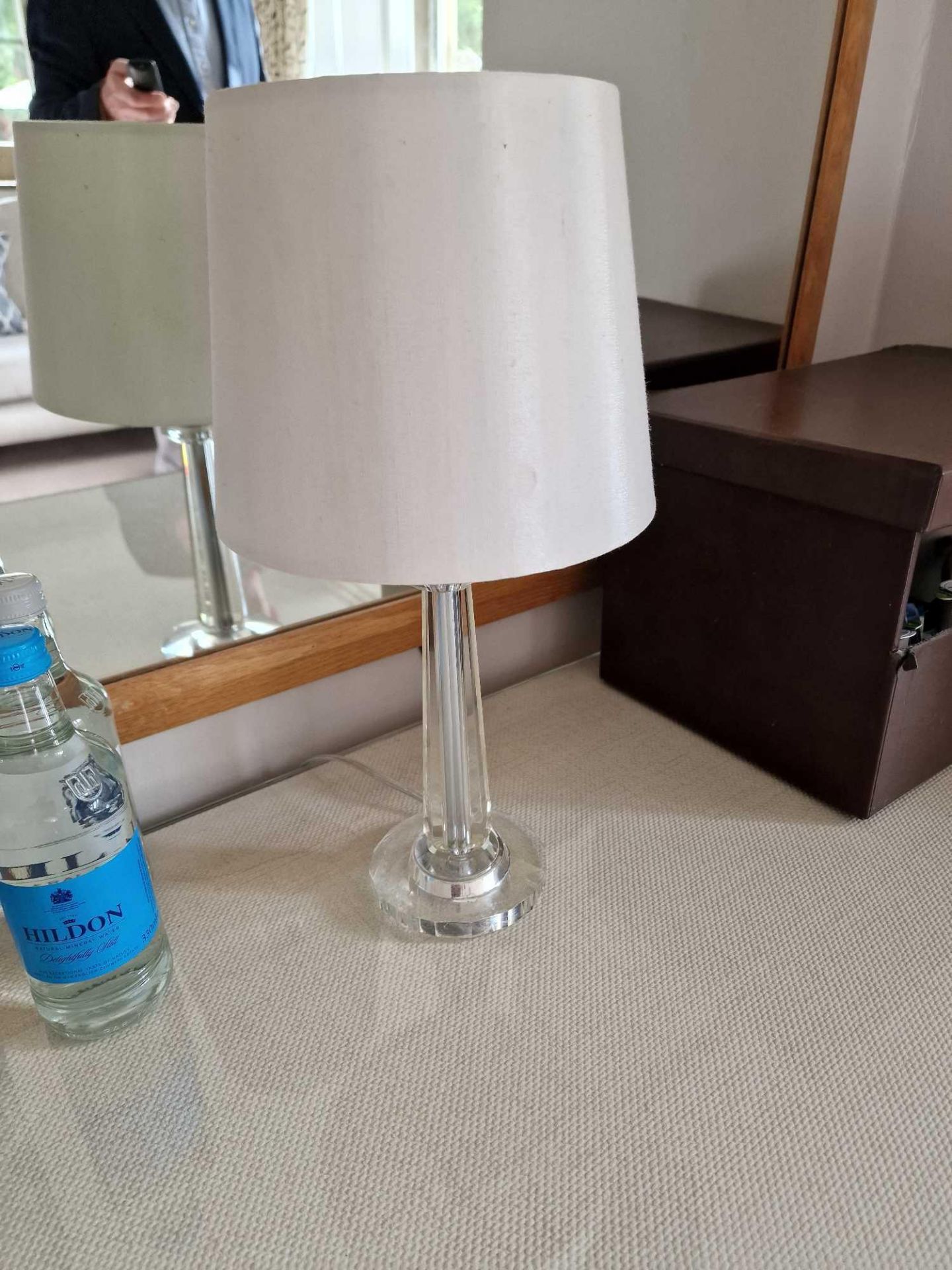 A Pedestal Table Lamp A Glass Column Design With Sateen Shade 38cm