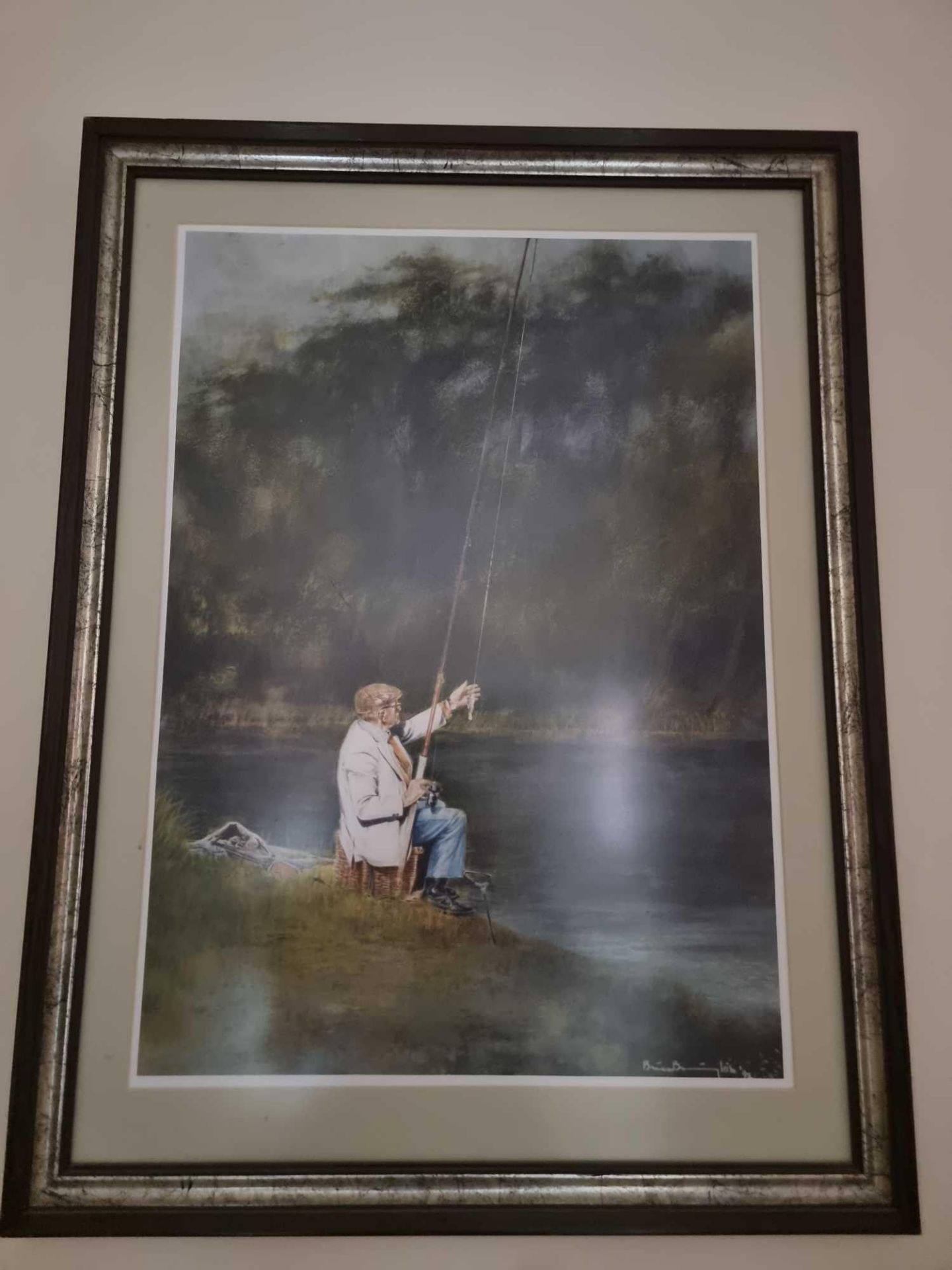 A Framed Print Of A Man Sitting By A River Fishing Signed Possibly By Brian Barrington Dated 92 In - Bild 2 aus 3