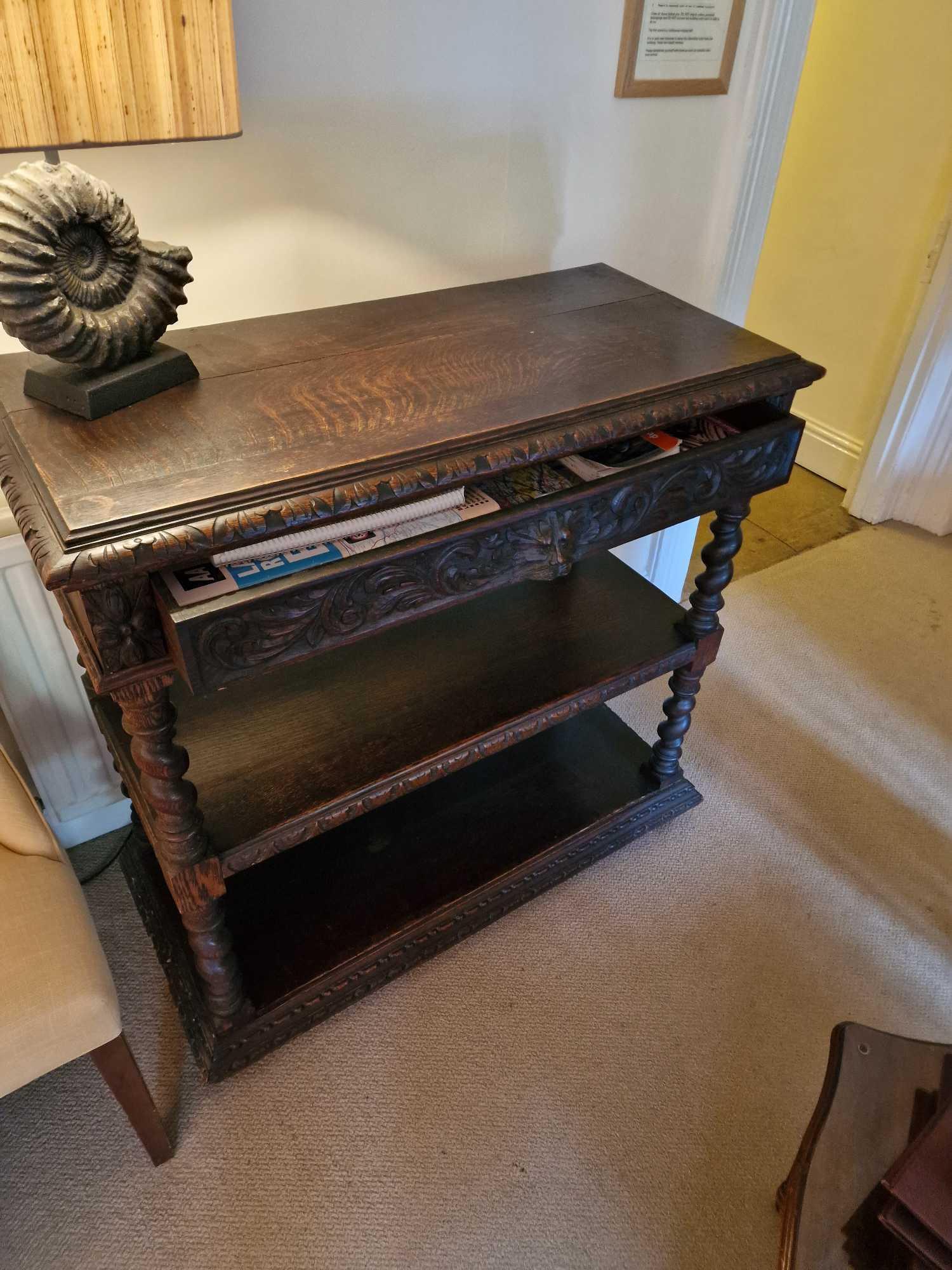 Victorian Carved Oak Green Man Tiered Buffet The Plank Top Above A Single Drawer Heavily Carved - Image 2 of 6