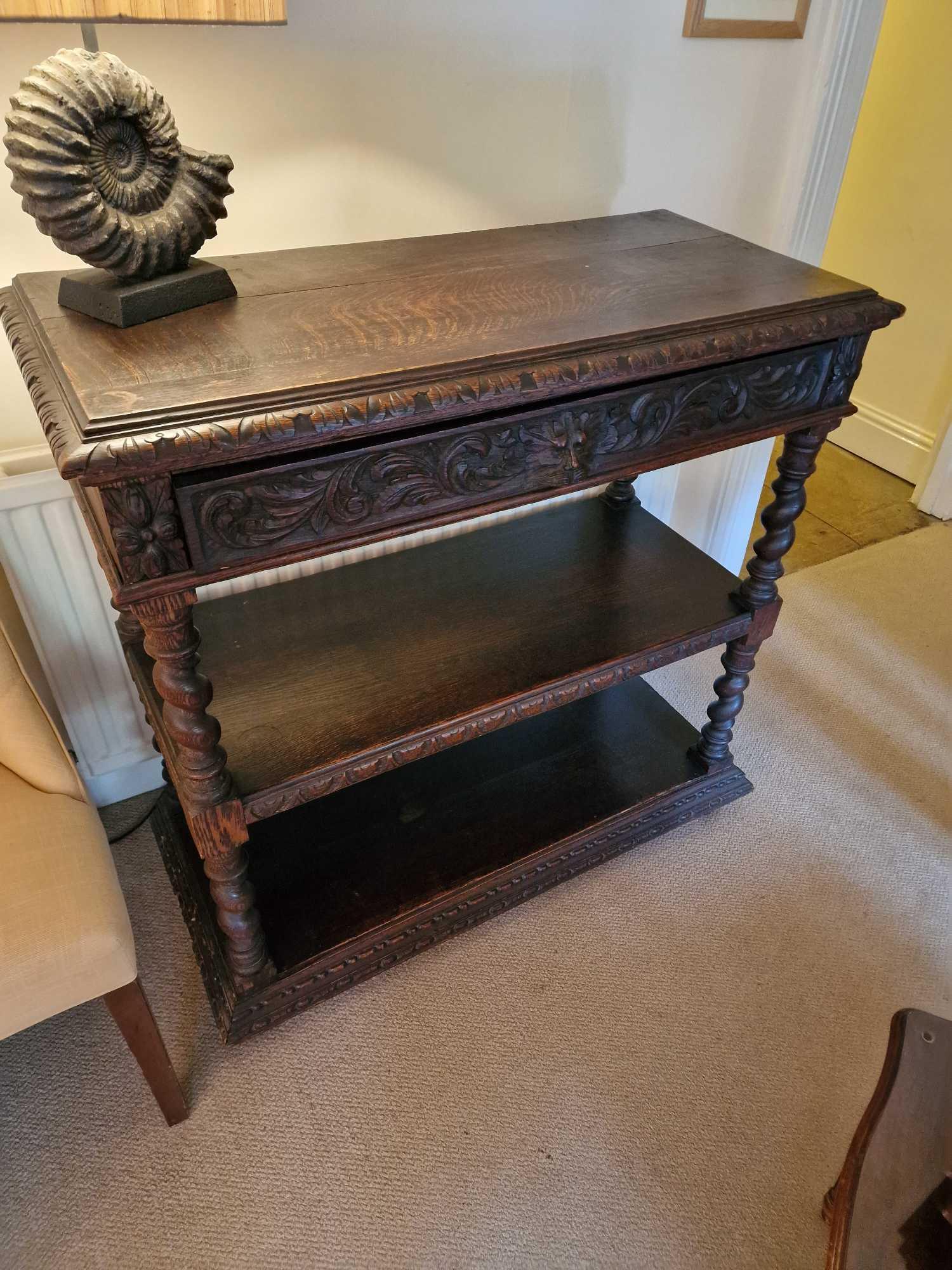 Victorian Carved Oak Green Man Tiered Buffet The Plank Top Above A Single Drawer Heavily Carved