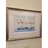 Watercolour Titled Flamingo Call By Jake Winkle British , B. 1964 In Distressed Silver Wood Frame 77