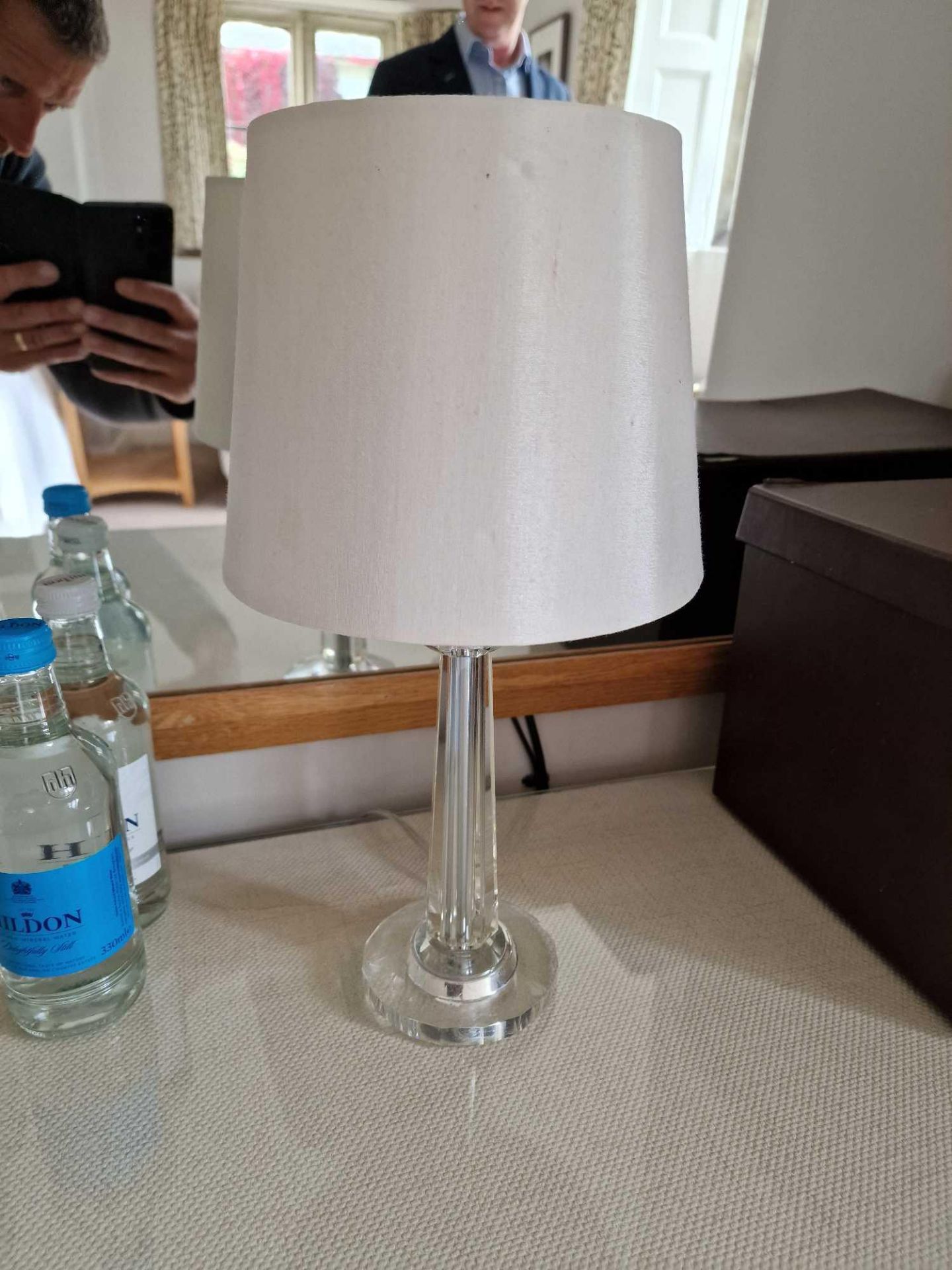 A Pedestal Table Lamp A Glass Column Design With Sateen Shade 38cm - Bild 2 aus 2