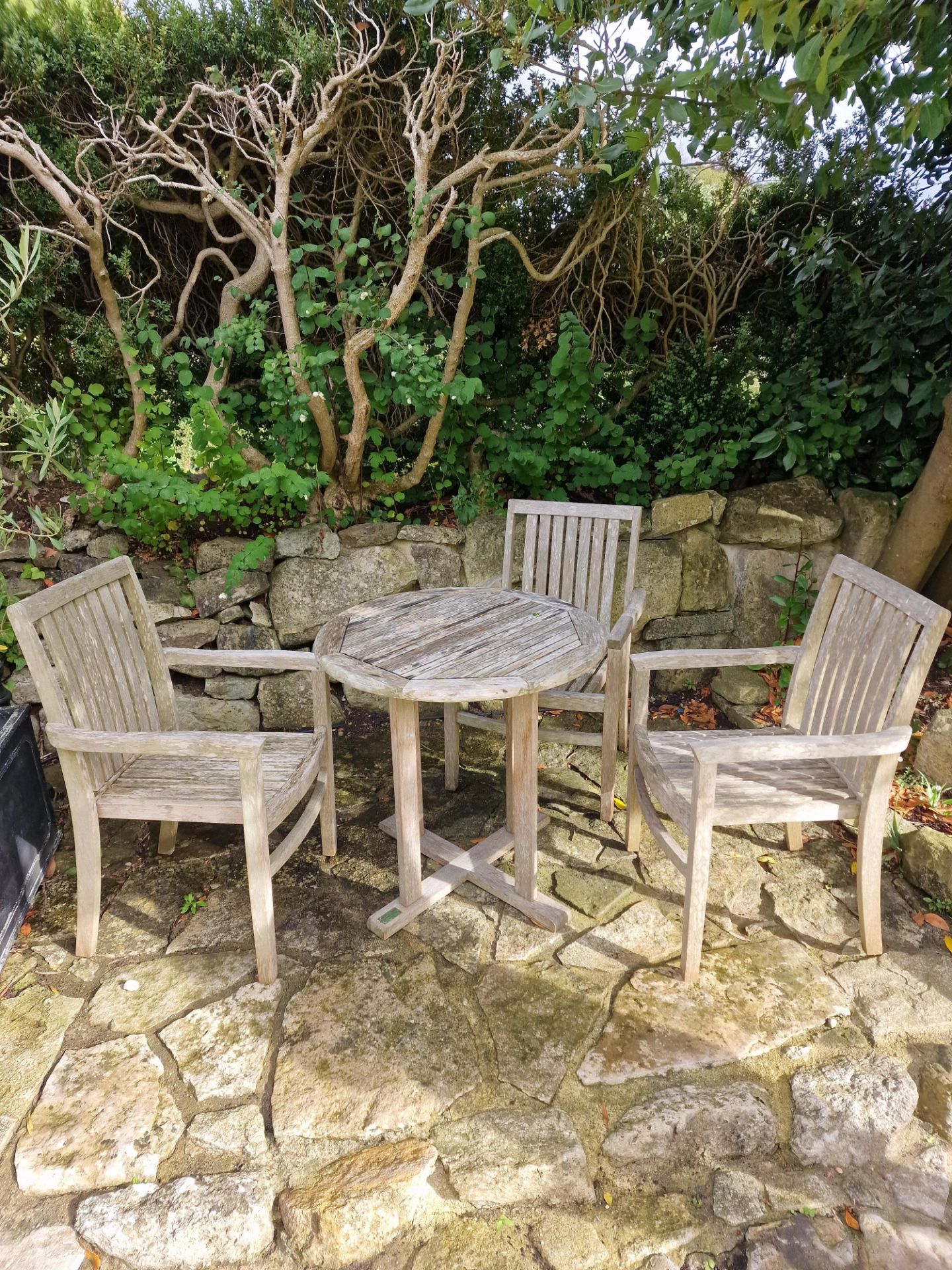 Woodberry Teak Or Robinia Wood Garden Table Complete With 3 x Dining Armchairs Table Dimensions 75 x