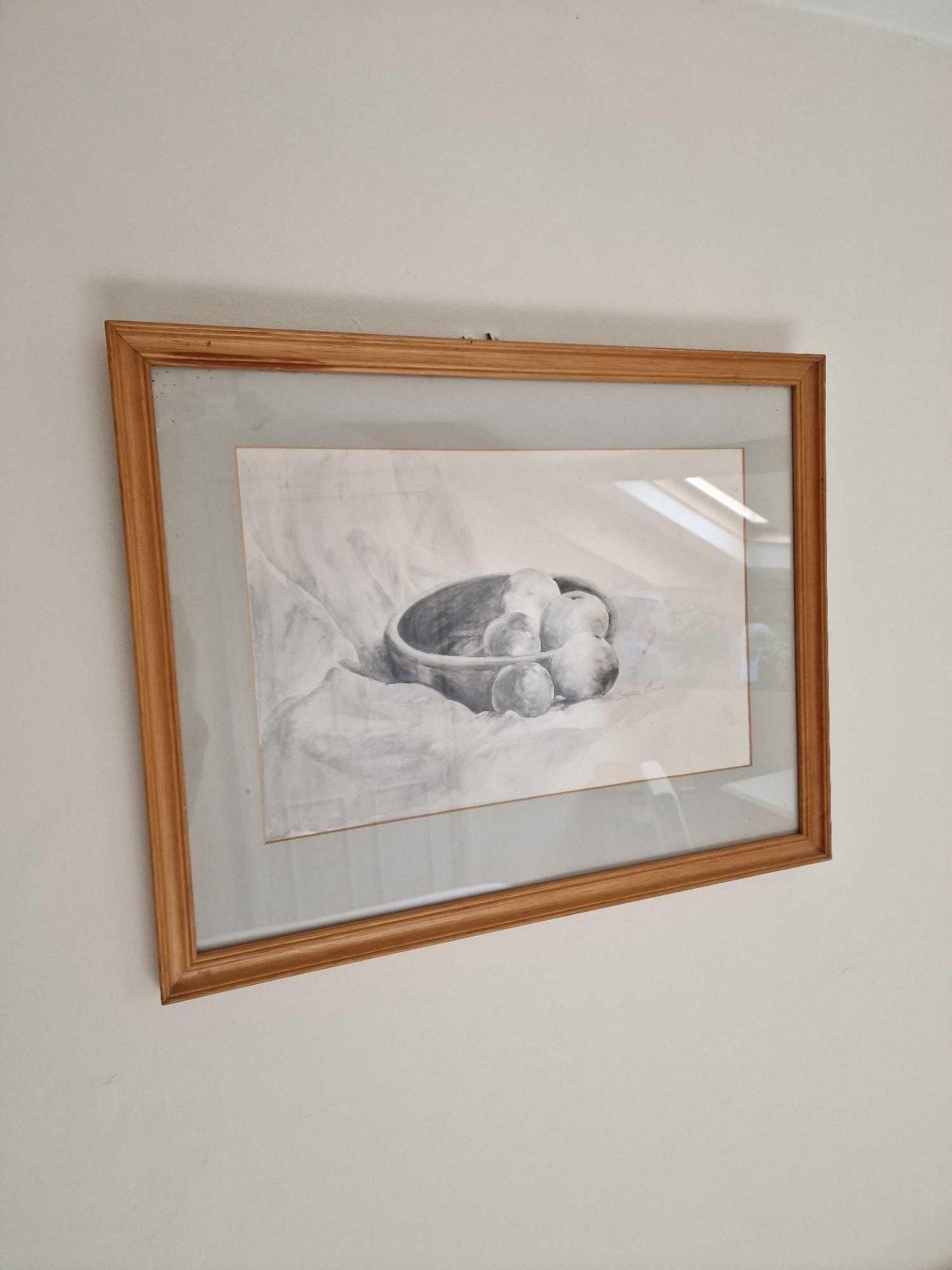 Framed Art Pencil Drawing Still Life Of A Bowl Of Fruit Signed In A Glazed Panel Wood Frame 50 x