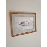 Framed Art Pencil Drawing Still Life Of A Bowl Of Fruit Signed In A Glazed Panel Wood Frame 50 x