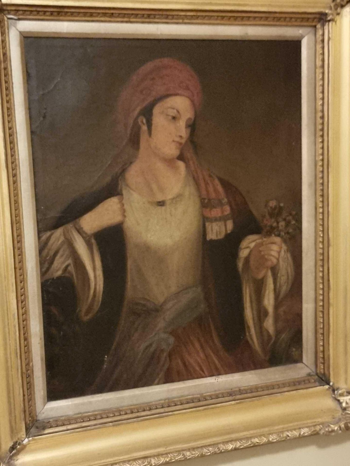 Oil On Canvas, Continental School Portrait Of A Woman Holding A Flower Posy In A Gold Wood Frame - Bild 3 aus 3