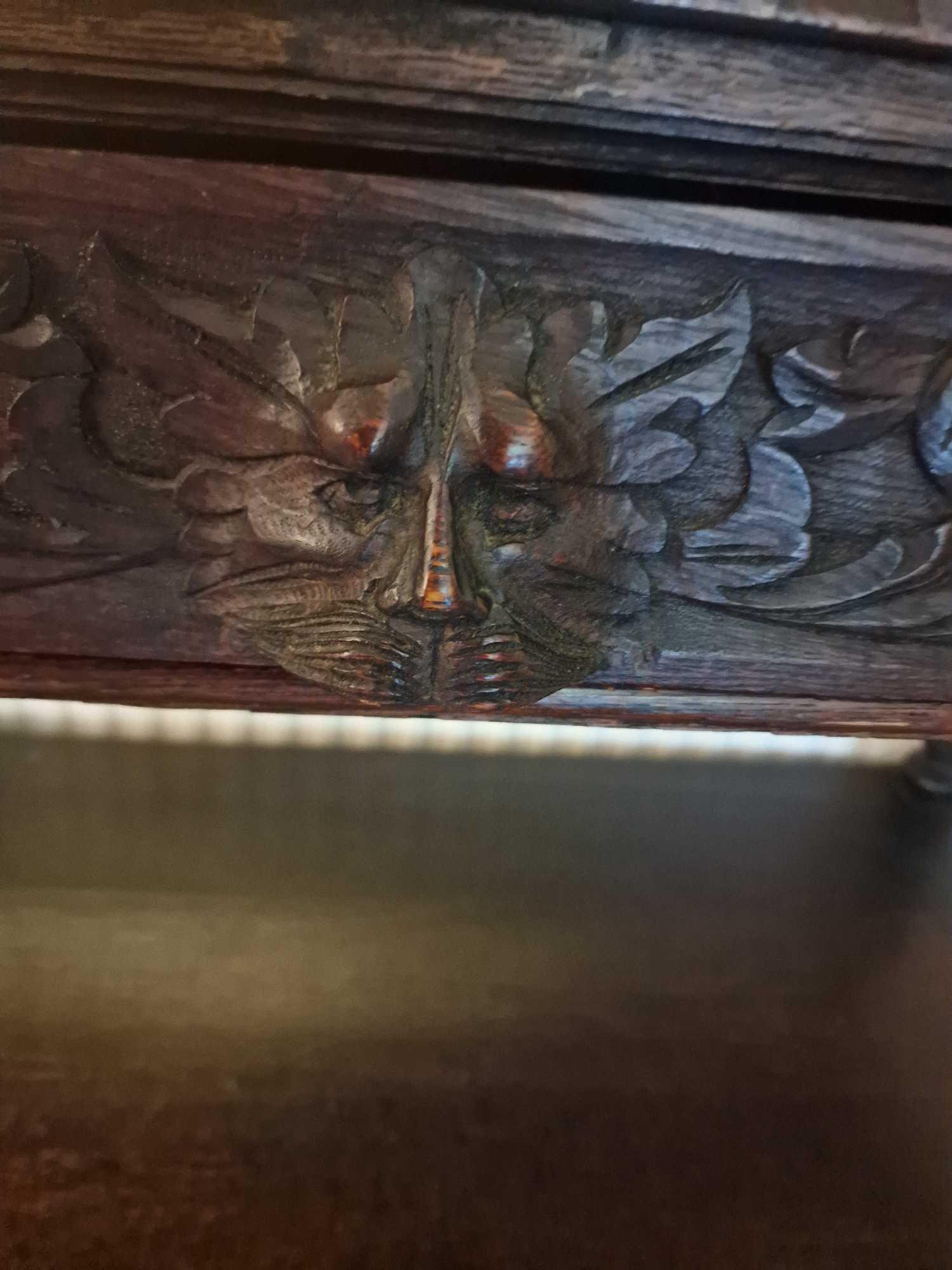 Victorian Carved Oak Green Man Tiered Buffet The Plank Top Above A Single Drawer Heavily Carved - Image 5 of 6