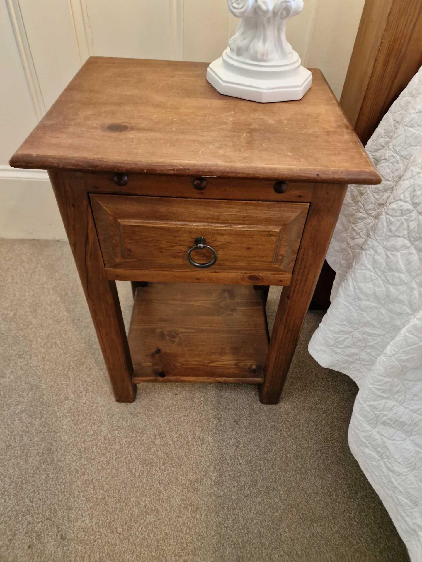 A Pair Of Oak Nightstands Single Drawer With Ring Pull Handles And Lower Shelf 41 x 36 x 60cm