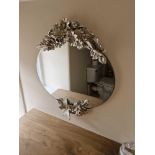 Circular Accent Mirror Plate With Painted Floral Wood Carving To Top And Bottom Painted Silver 60