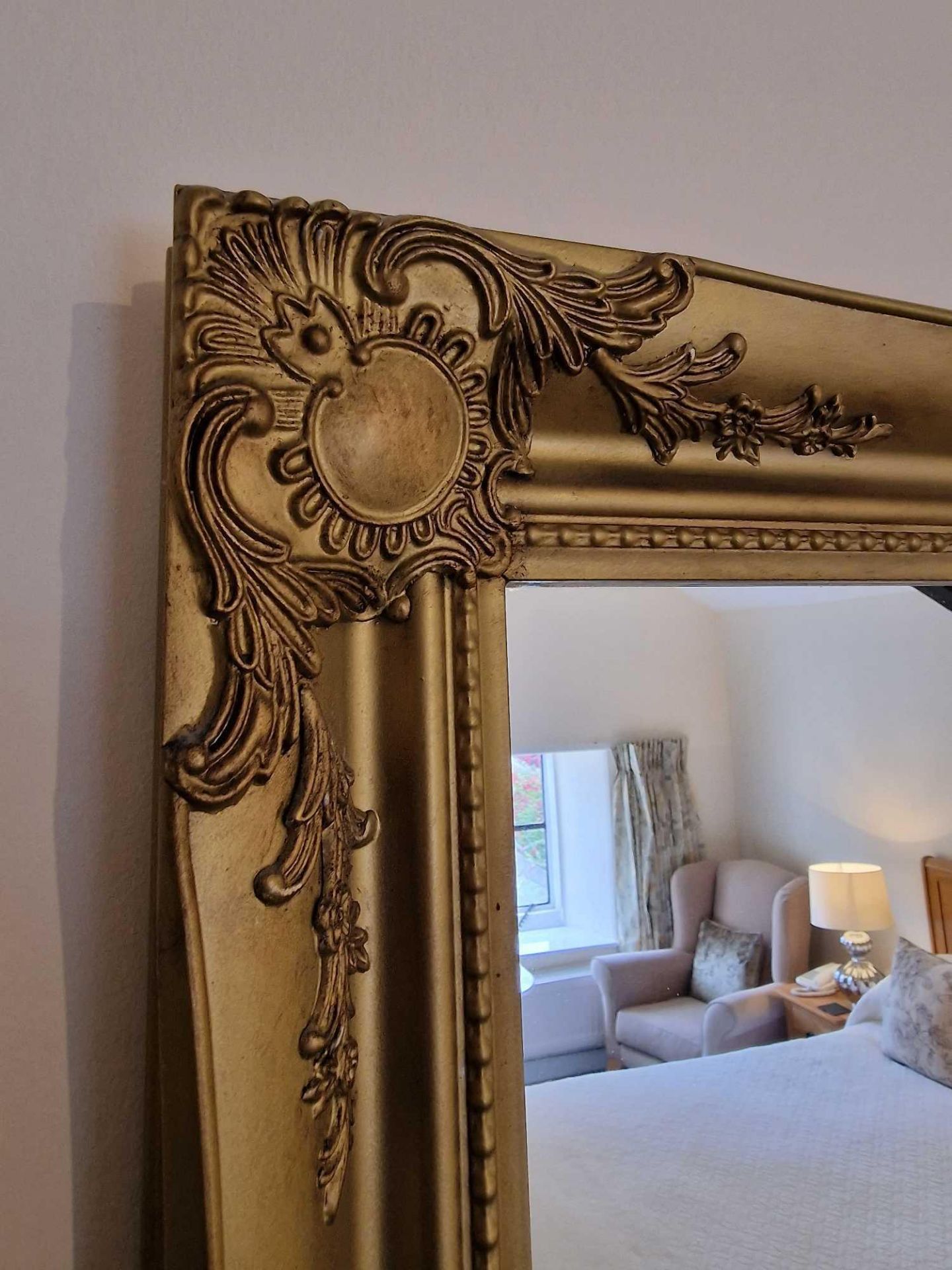 Large Mirror Gilded Stuccoed Wood Frame With Beading And Rosettes In The Corners Straight Mirror - Image 2 of 2