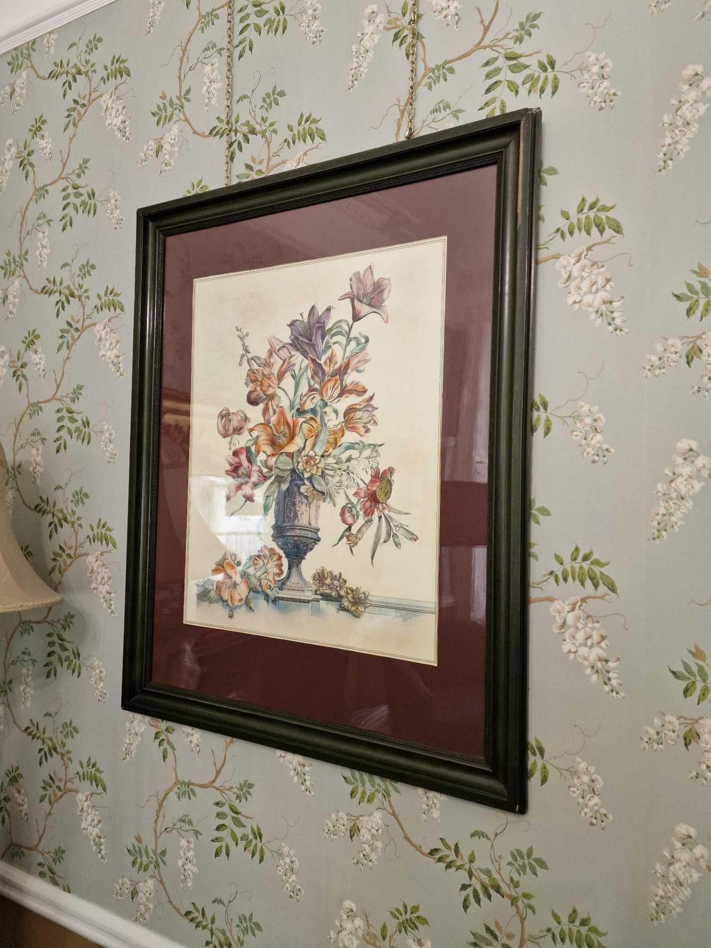 A Framed Robert Furber Style Print In Dark Wood Glazed Frame With Metal Chain Hanger 85 X 107cm